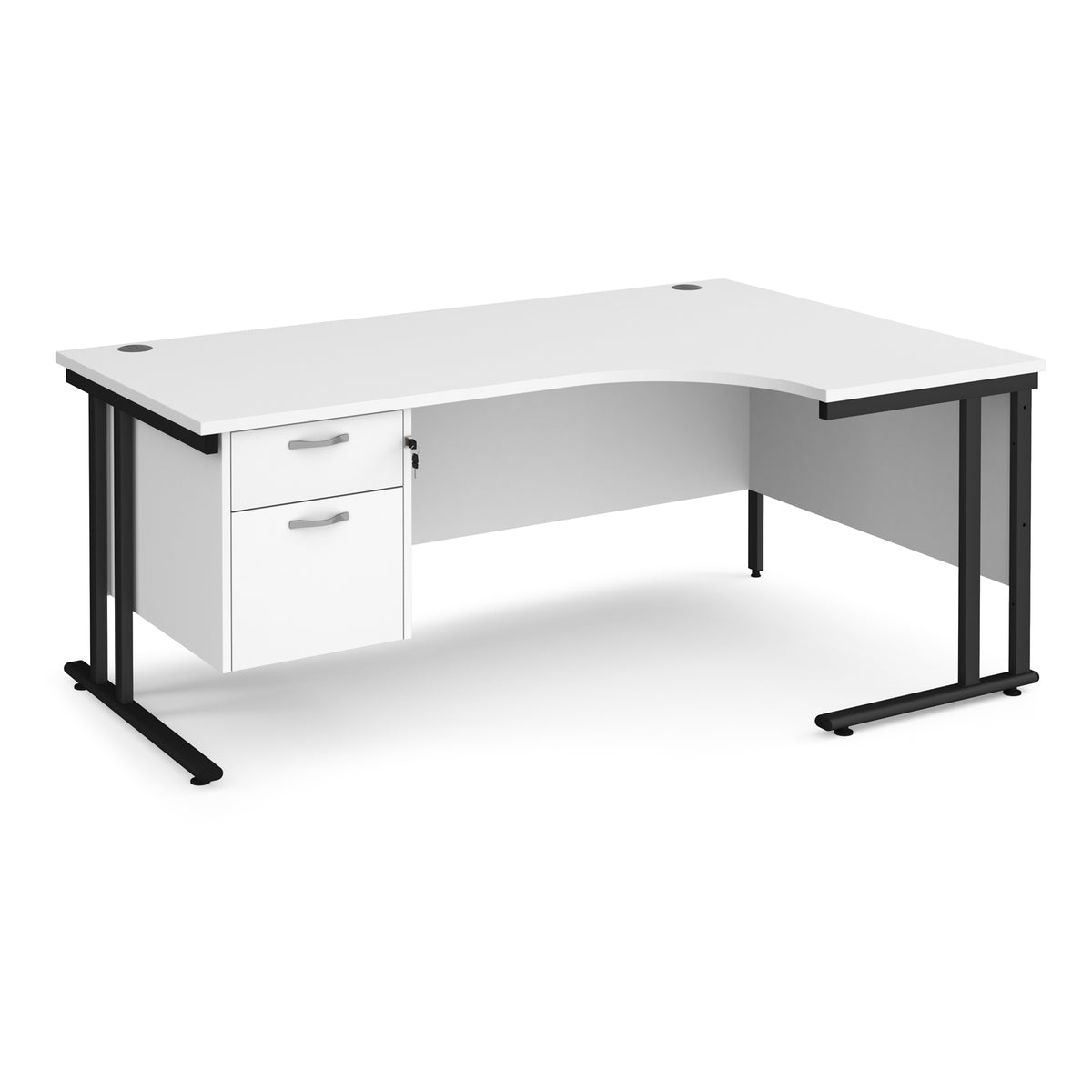 Maestro 25 right hand ergonomic desk 1800mm wide with 2 drawer pedestal - black cantilever leg frame, White Top - view 1