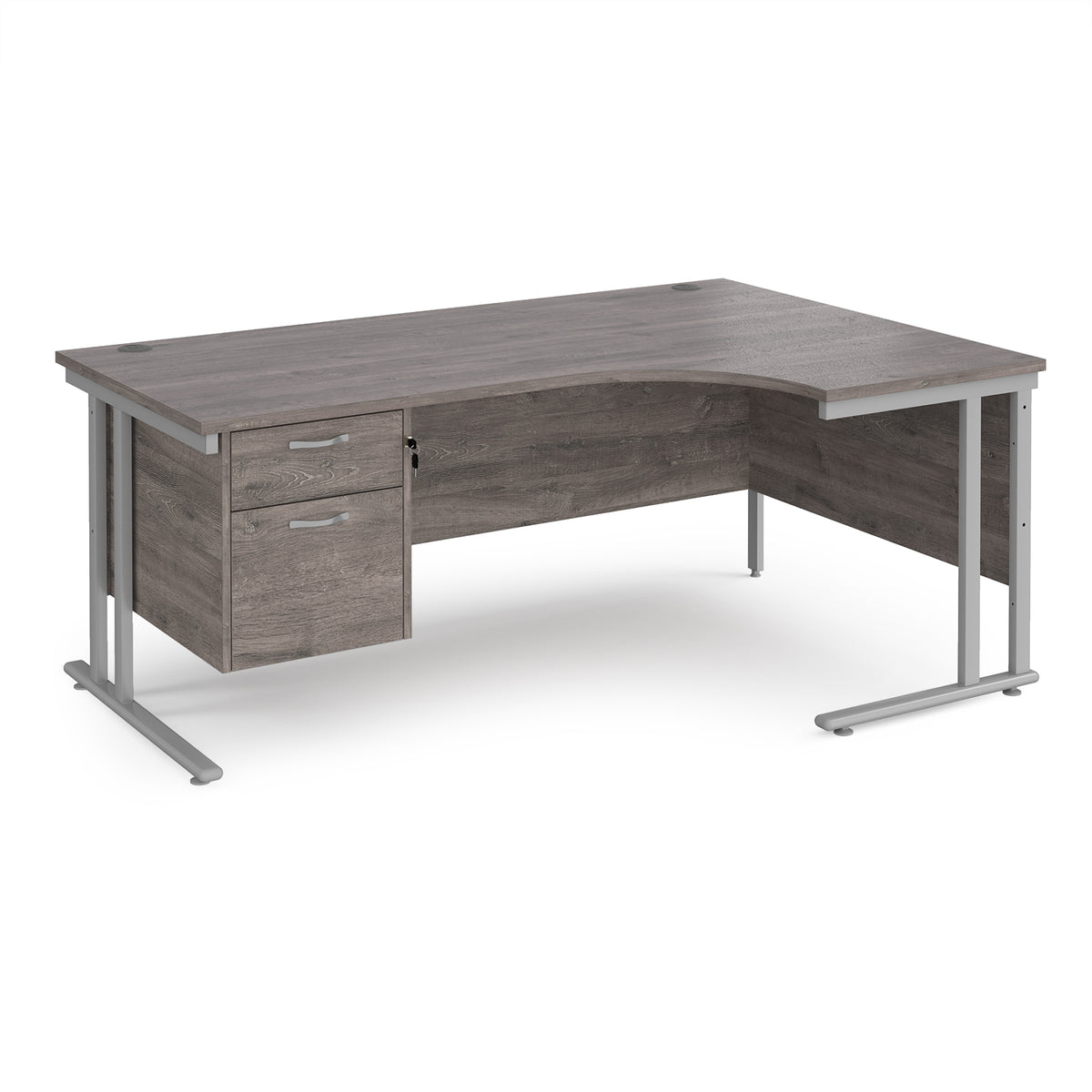 Maestro 25 right hand ergonomic desk 1800mm wide with 2 drawer pedestal - silver cantilever leg frame, Grey Oak Top - view 1