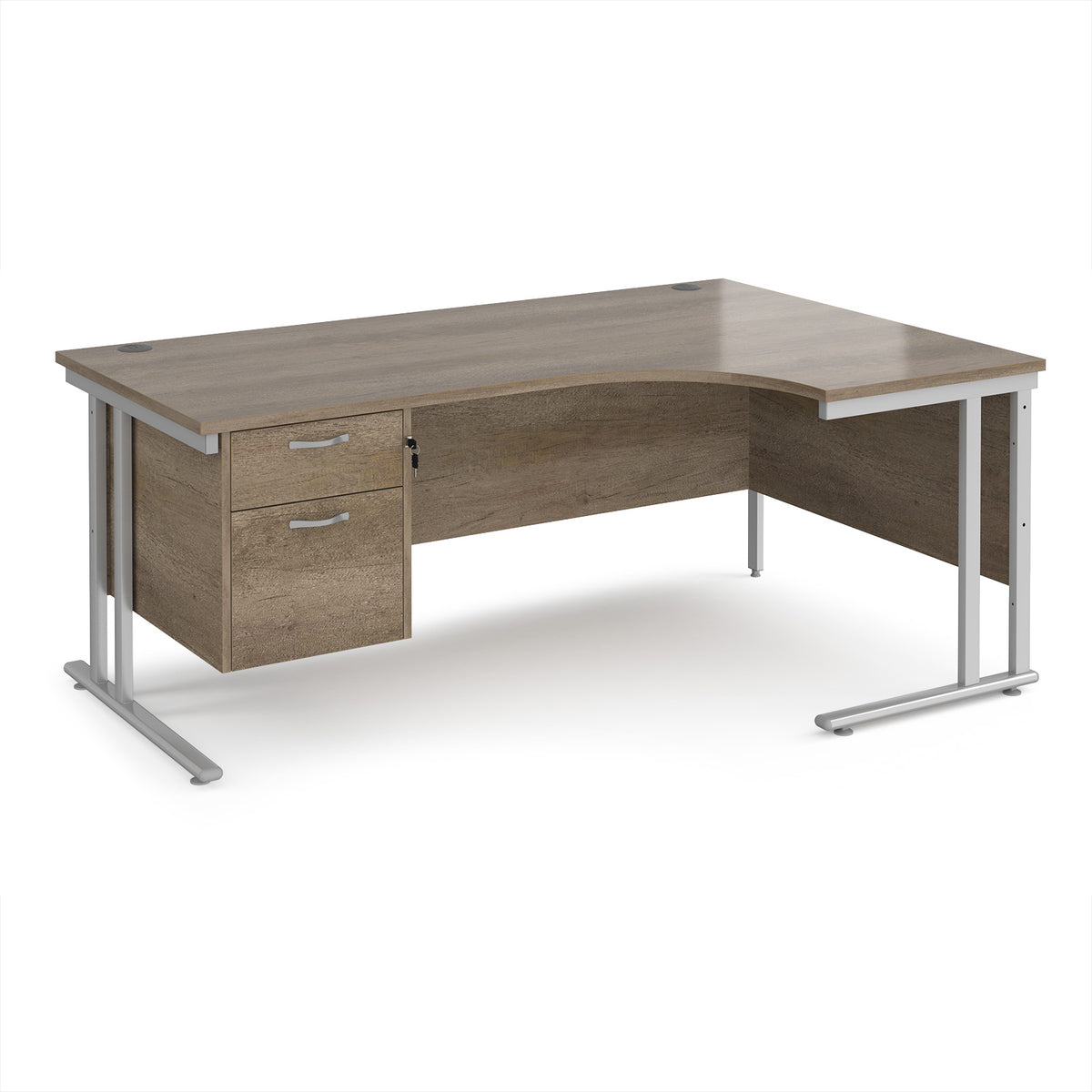 Maestro 25 right hand ergonomic desk 1800mm wide with 2 drawer pedestal - silver cantilever leg frame, Nebraska Oak Top - view 1