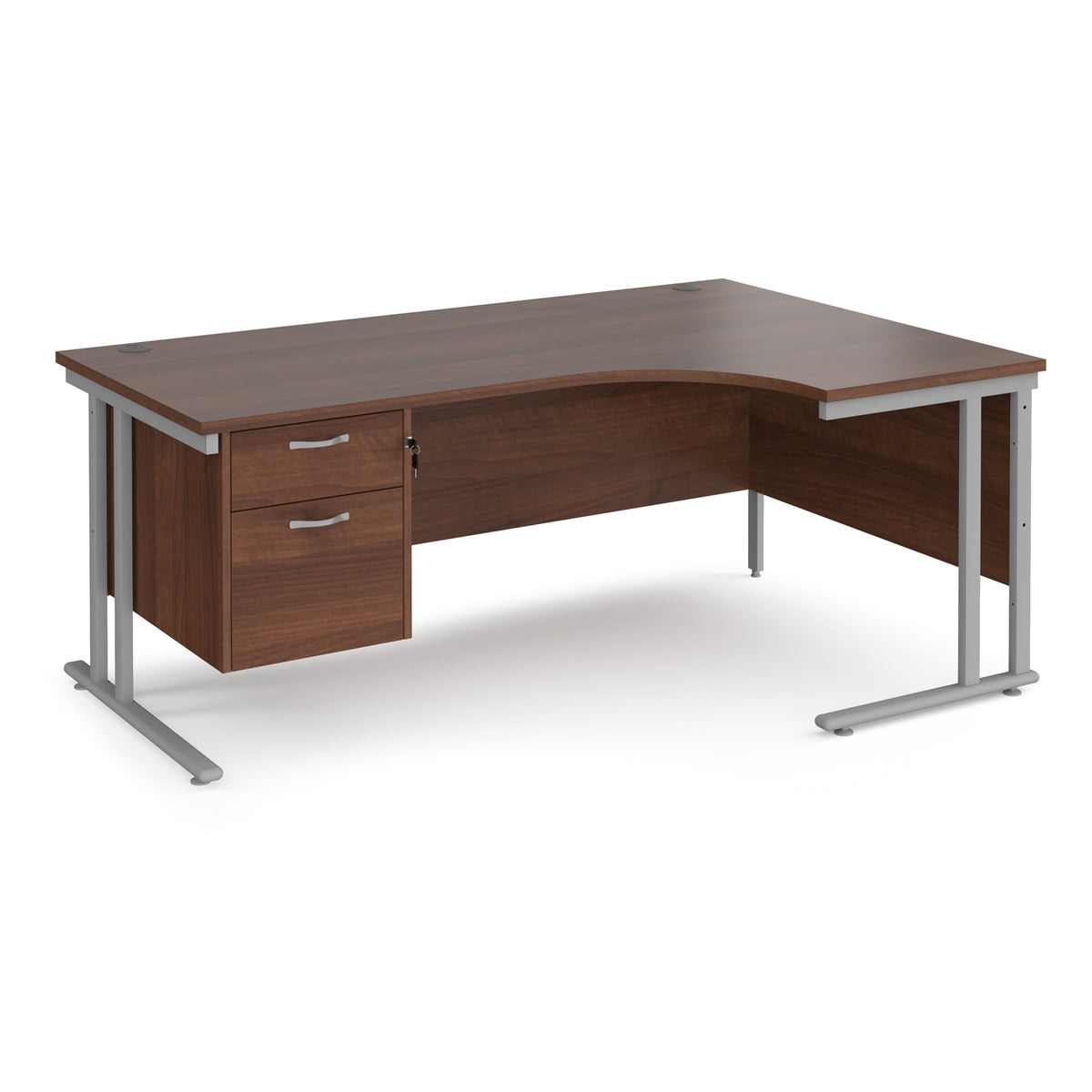 Maestro 25 right hand ergonomic desk 1800mm wide with 2 drawer pedestal - silver cantilever leg frame, Walnut top - view 1