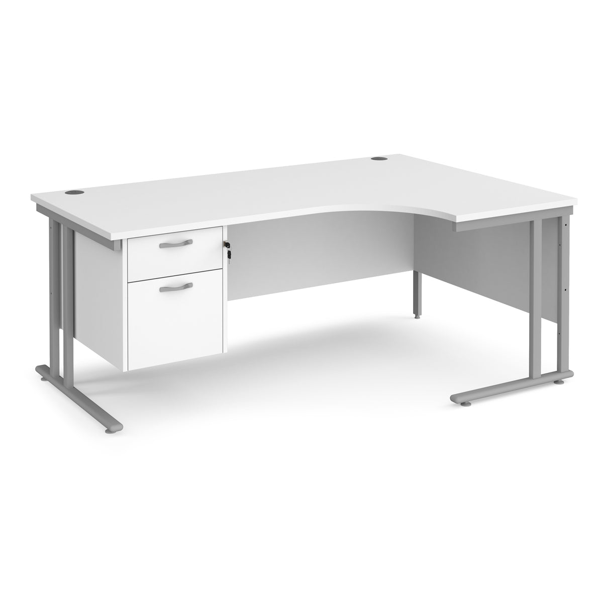 Maestro 25 right hand ergonomic desk 1800mm wide with 2 drawer pedestal - silver cantilever leg frame, White Top - view 1