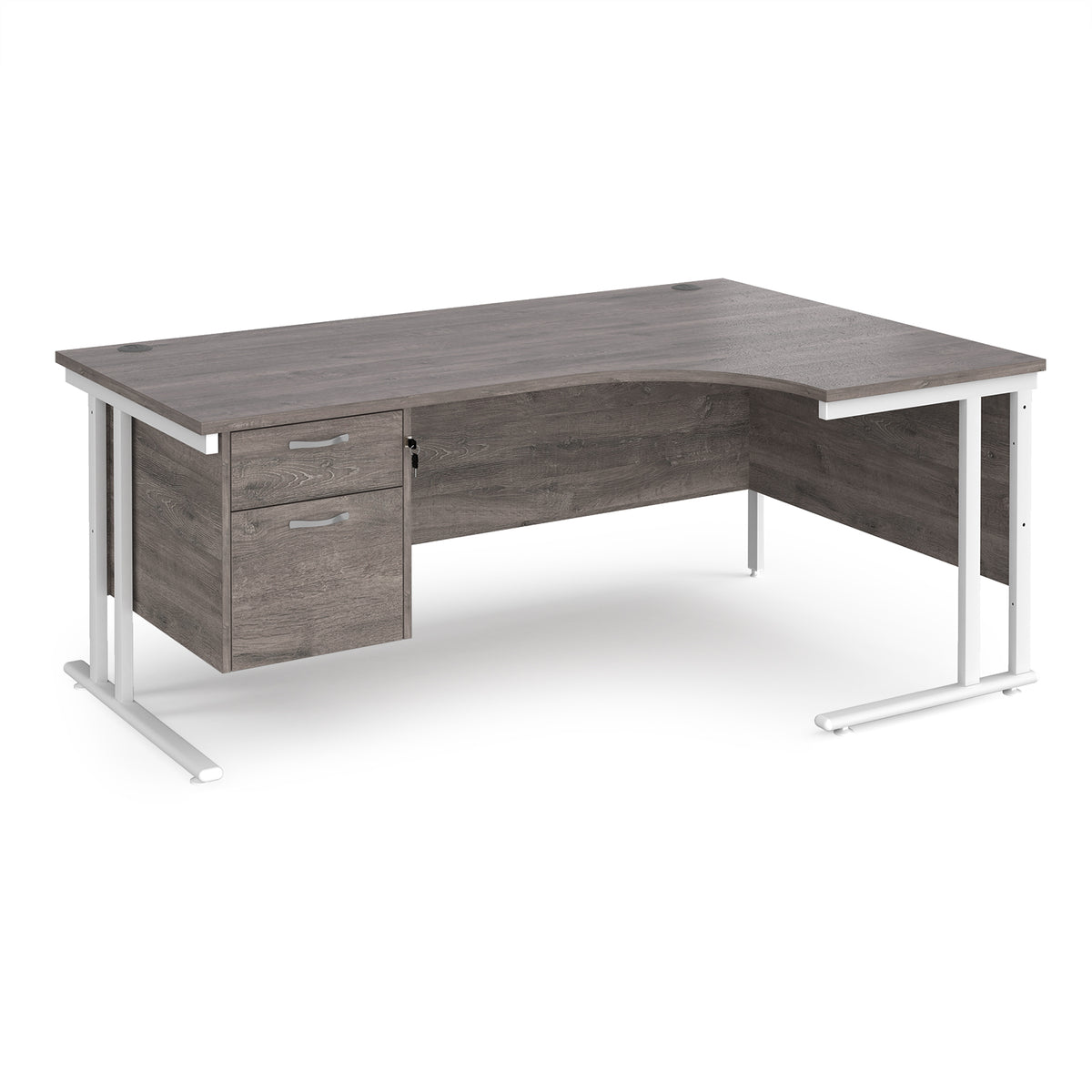 Maestro 25 right hand ergonomic desk 1800mm wide with 2 drawer pedestal - white cantilever leg frame, Grey Oak Top - view 1