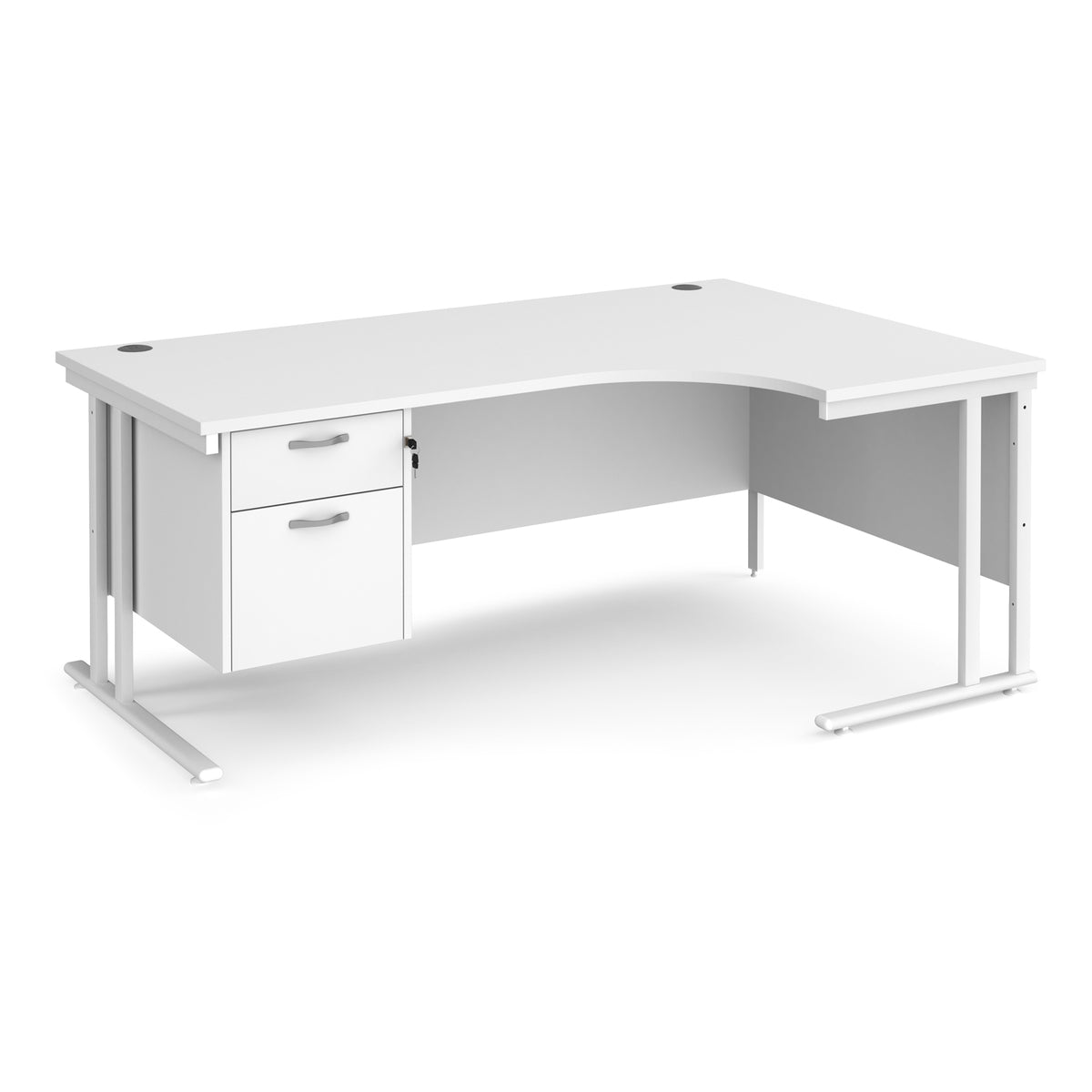 Maestro 25 right hand ergonomic desk 1800mm wide with 2 drawer pedestal - white cantilever leg frame, White Top - view 1