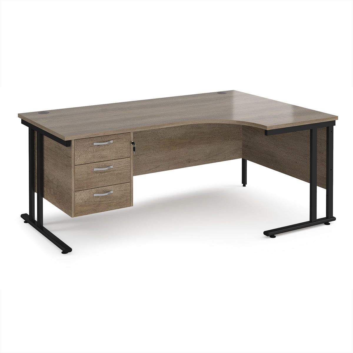 Maestro 25 right hand ergonomic desk 1800mm wide with 3 drawer pedestal - black cantilever leg frame, Nebraska Oak Top - view 1