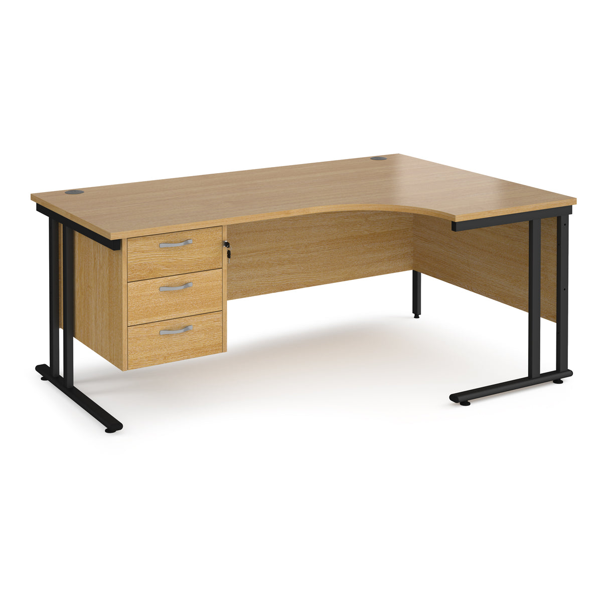 Maestro 25 right hand ergonomic desk 1800mm wide with 3 drawer pedestal - black cantilever leg frame, Oak Top - view 1