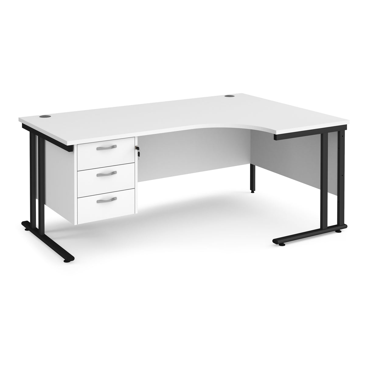 Maestro 25 right hand ergonomic desk 1800mm wide with 3 drawer pedestal - black cantilever leg frame, White Top - view 1