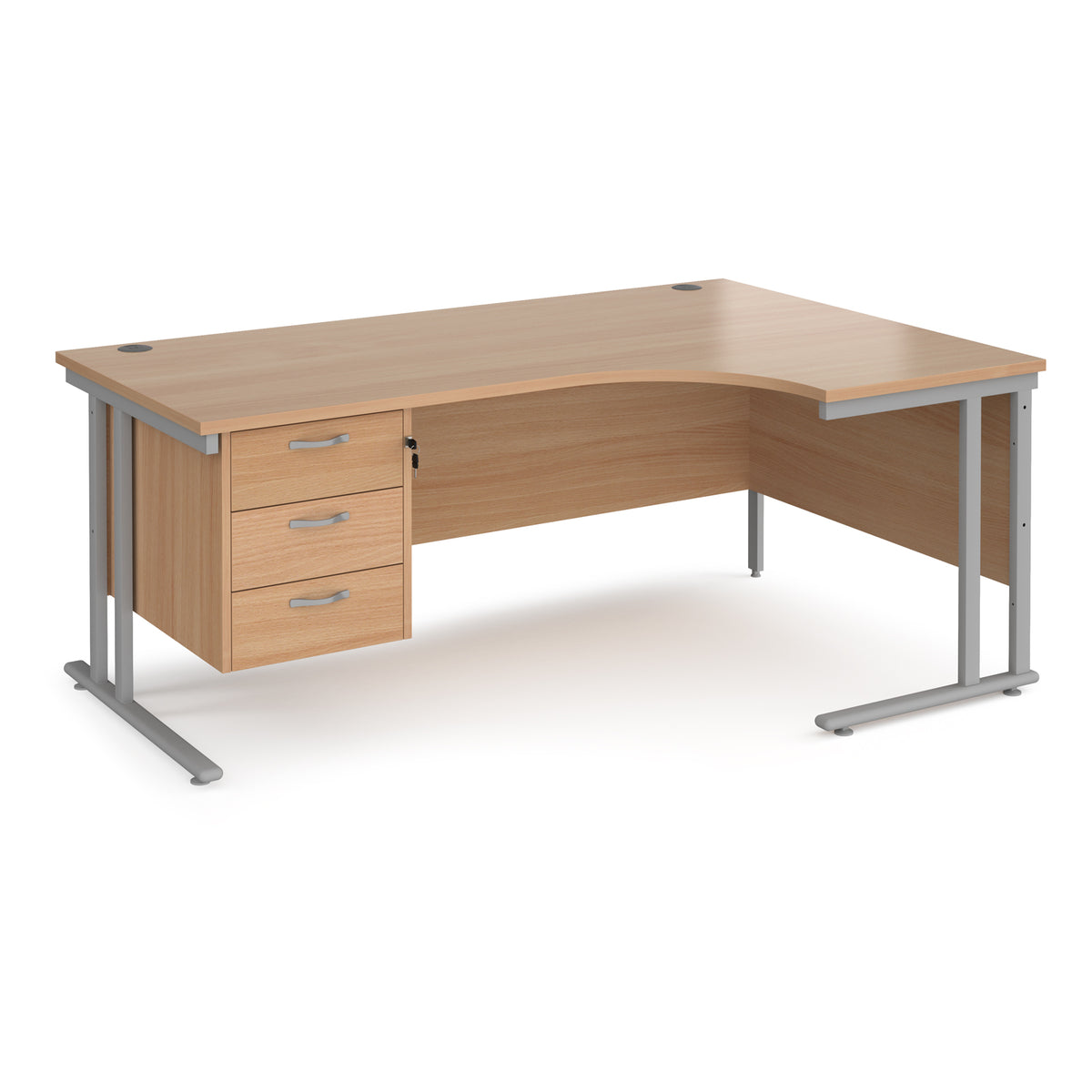 Maestro 25 right hand ergonomic desk 1800mm wide with 3 drawer pedestal - silver cantilever leg frame, Beech top - view 1