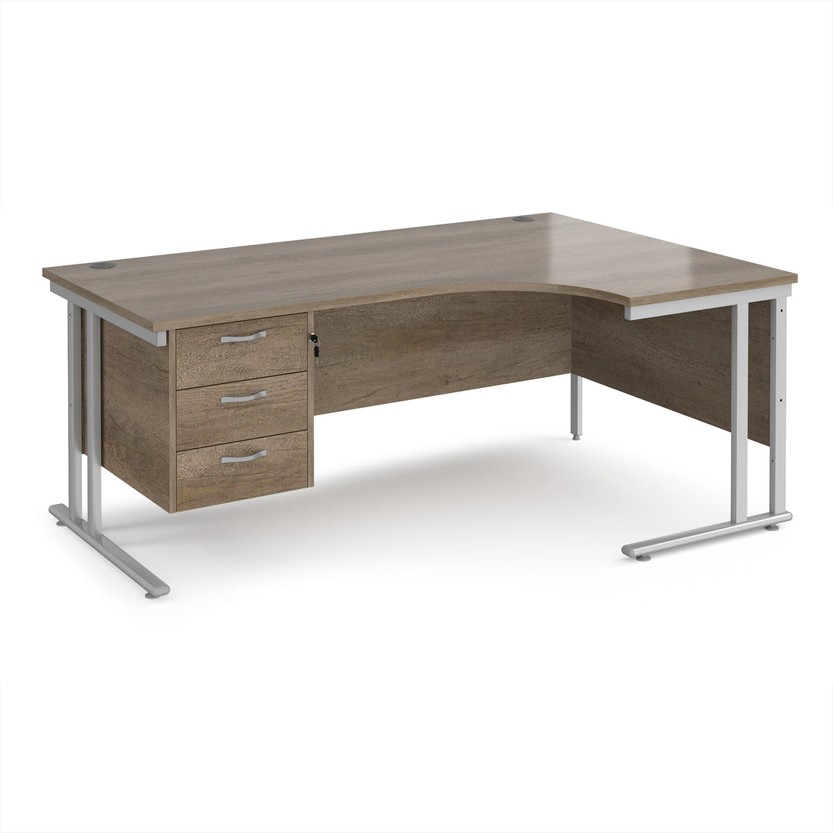 Maestro 25 right hand ergonomic desk 1800mm wide with 3 drawer pedestal - silver cantilever leg frame, Nebraska Oak Top - view 1