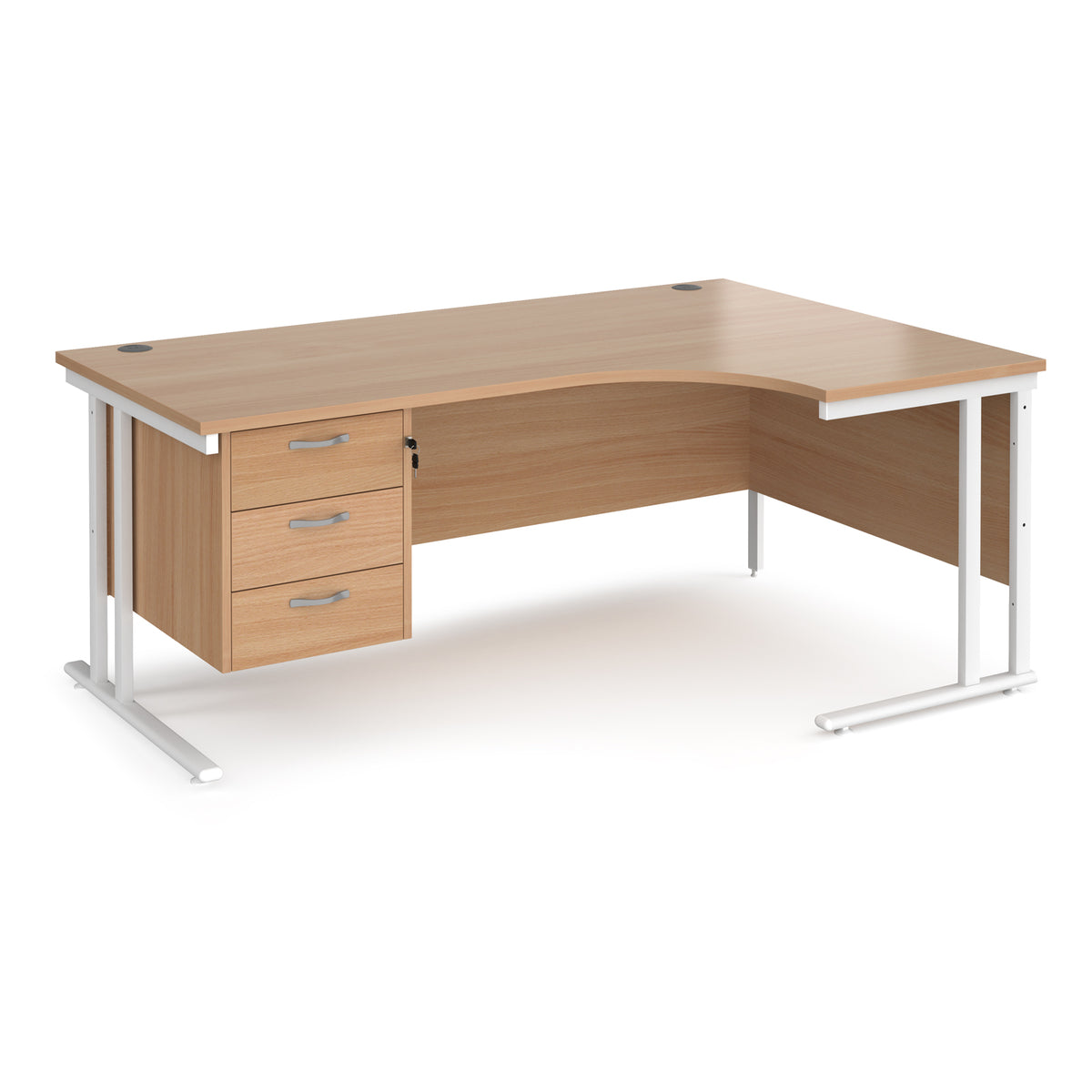 Maestro 25 right hand ergonomic desk 1800mm wide with 3 drawer pedestal - white cantilever leg frame, Beech top - view 1