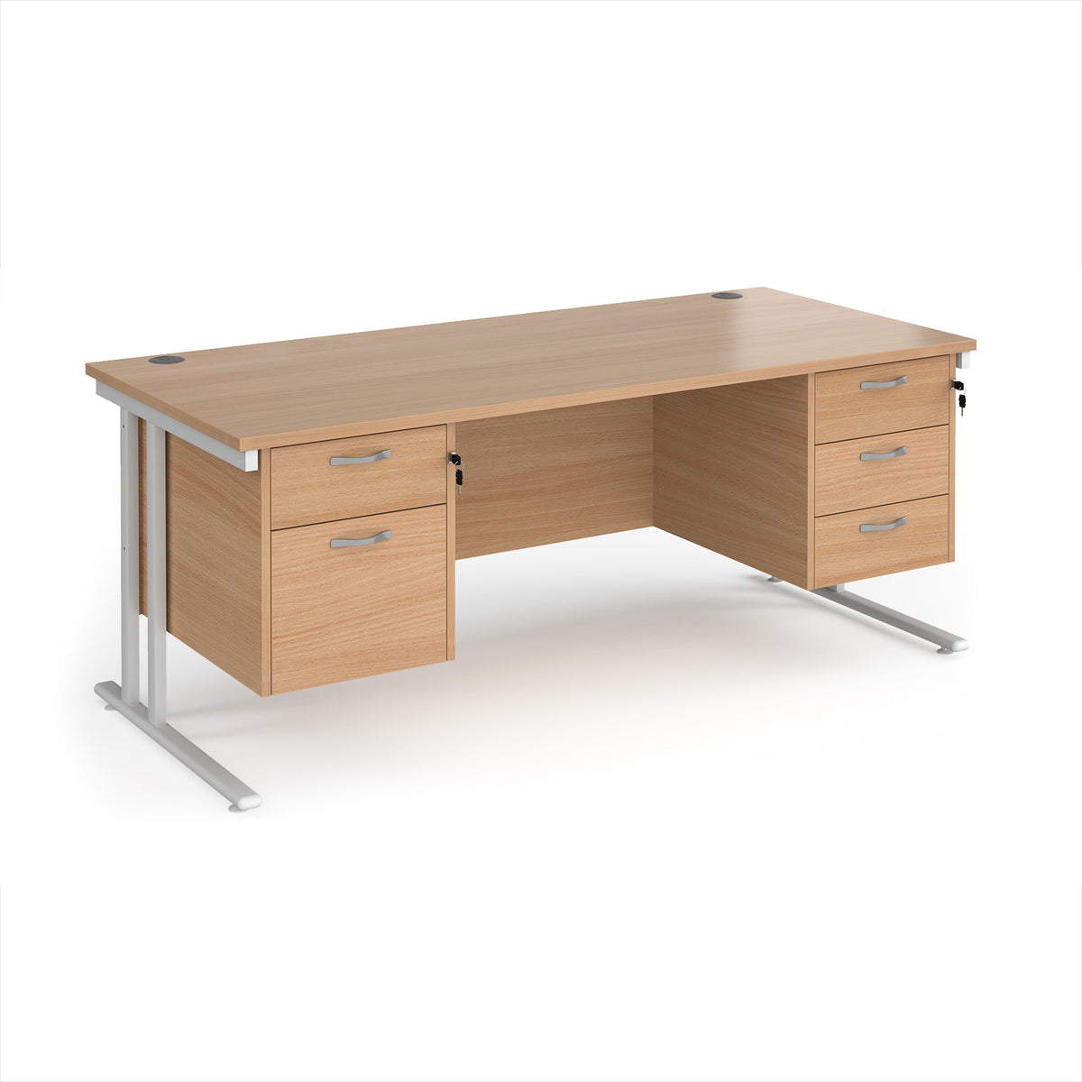 Maestro 25 straight desk 1800mm x 800mm with 2 and 3 drawer pedestals - white cantilever leg frame, Beech top - view 1