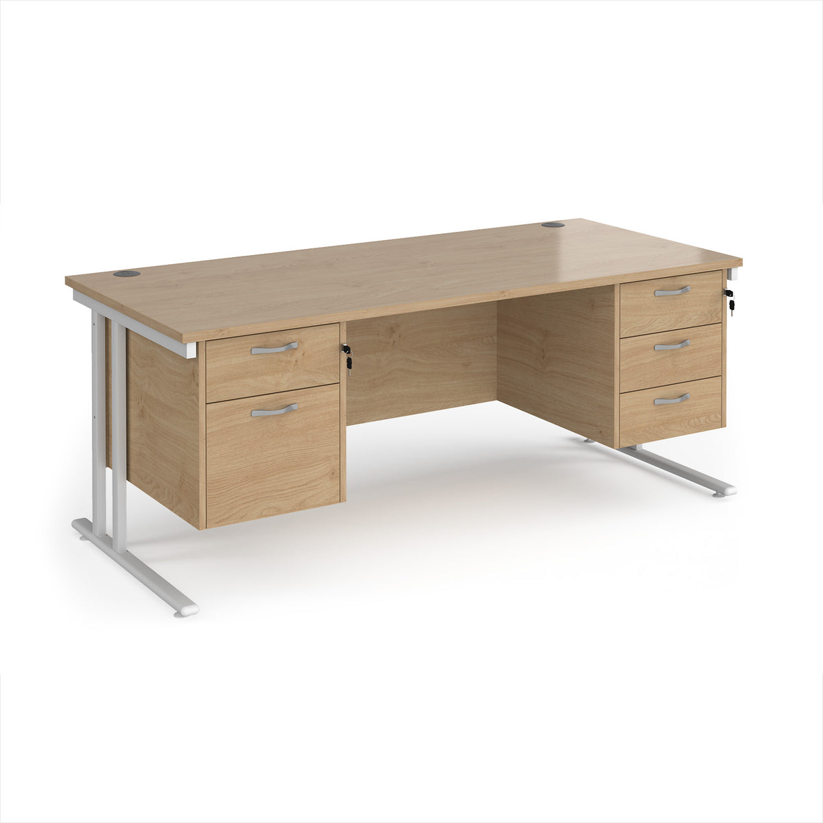Maestro 25 straight desk 1800mm x 800mm with 2 and 3 drawer pedestals - white cantilever leg frame, Kendal Oak Top - view 1