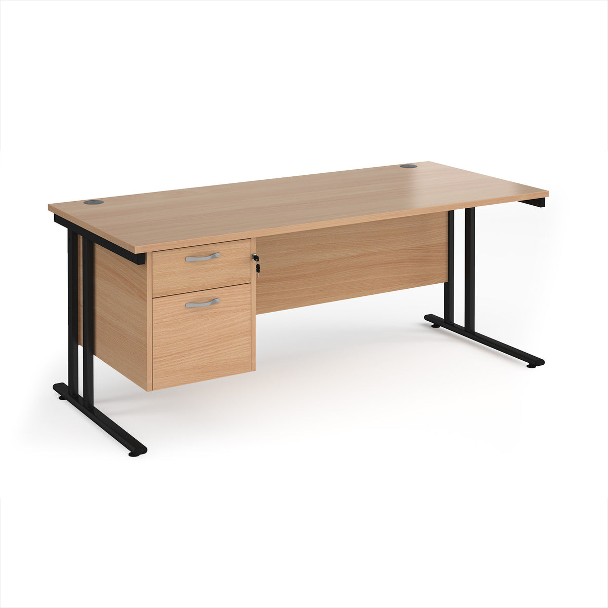 Maestro 25 straight desk 1800mm x 800mm with 2 drawer pedestal - black cantilever leg frame, Beech top - view 1