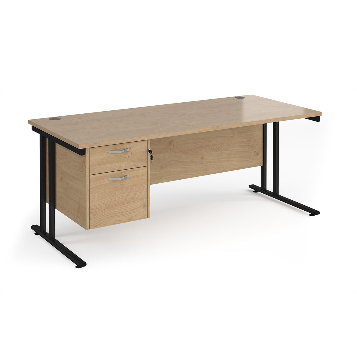 Maestro 25 straight desk 1800mm x 800mm with 2 drawer pedestal - black cantilever leg frame, Kendal Oak Top - view 1