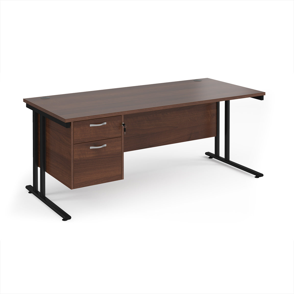 Maestro 25 straight desk 1800mm x 800mm with 2 drawer pedestal - black cantilever leg frame, Walnut top - view 1
