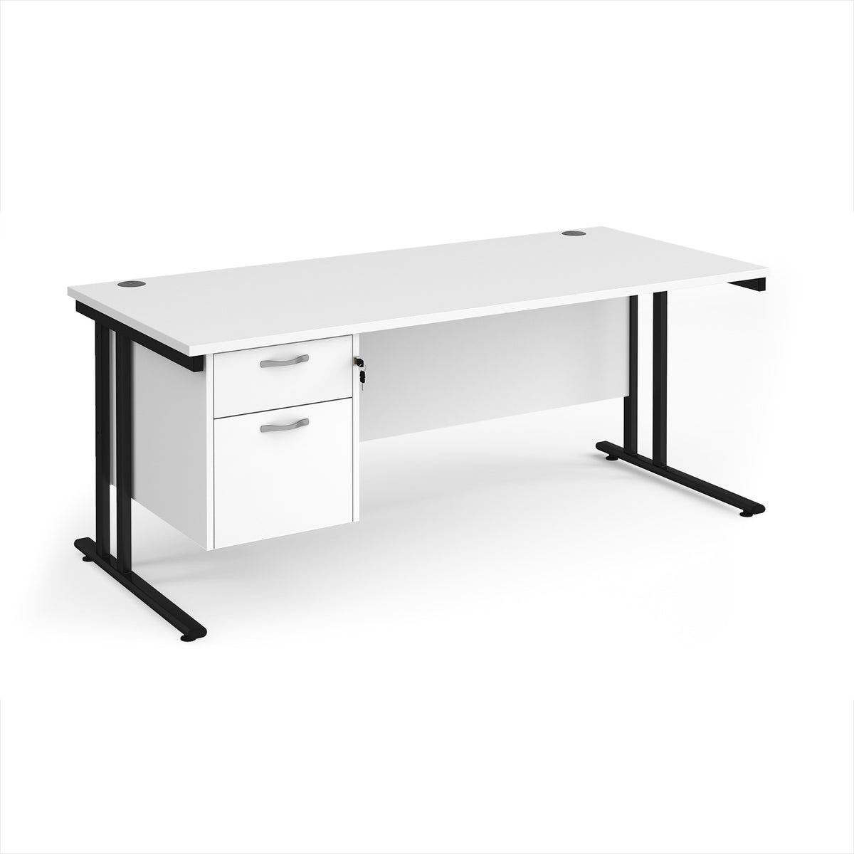 Maestro 25 straight desk 1800mm x 800mm with 2 drawer pedestal - black cantilever leg frame, White Top - view 1