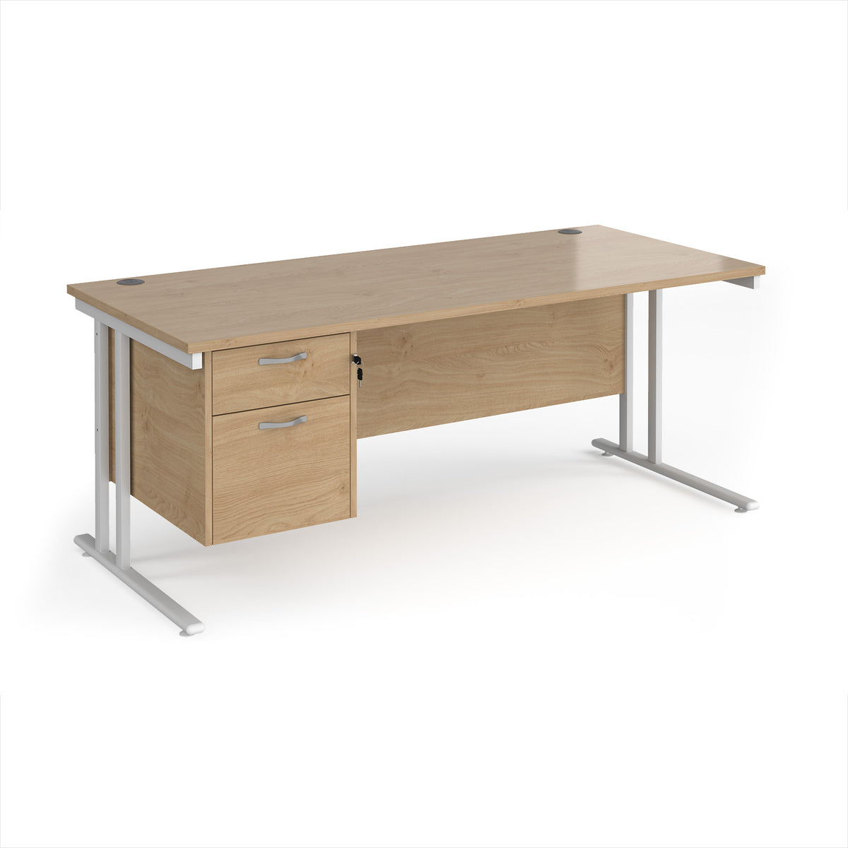 Maestro 25 straight desk 1800mm x 800mm with 2 drawer pedestal - white cantilever leg frame, Kendal Oak Top - view 1