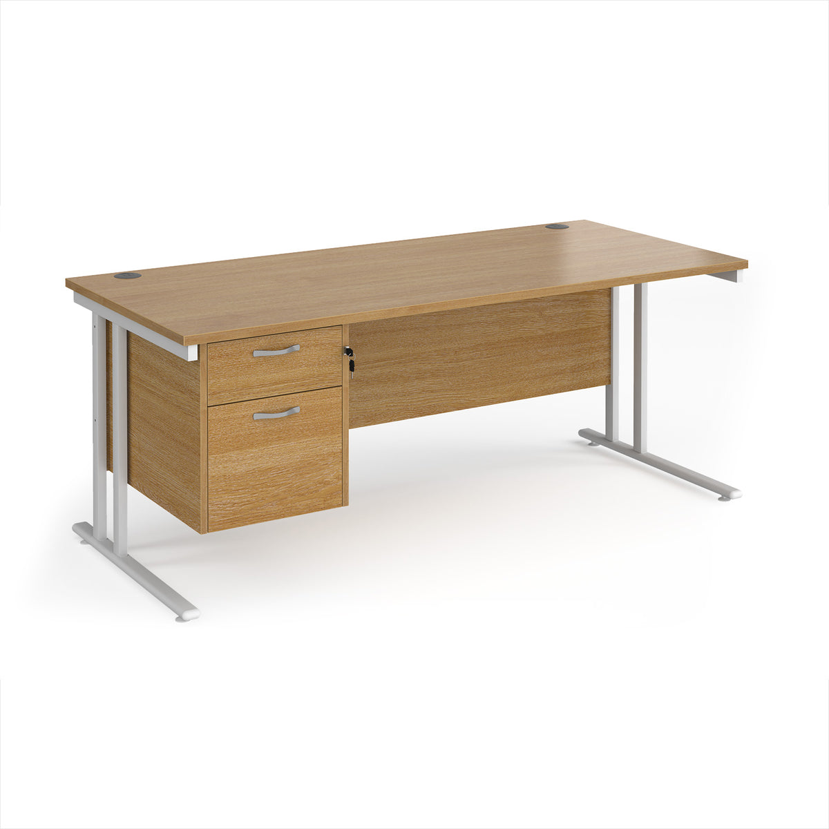 Maestro 25 straight desk 1800mm x 800mm with 2 drawer pedestal - white cantilever leg frame, Oak Top - view 1