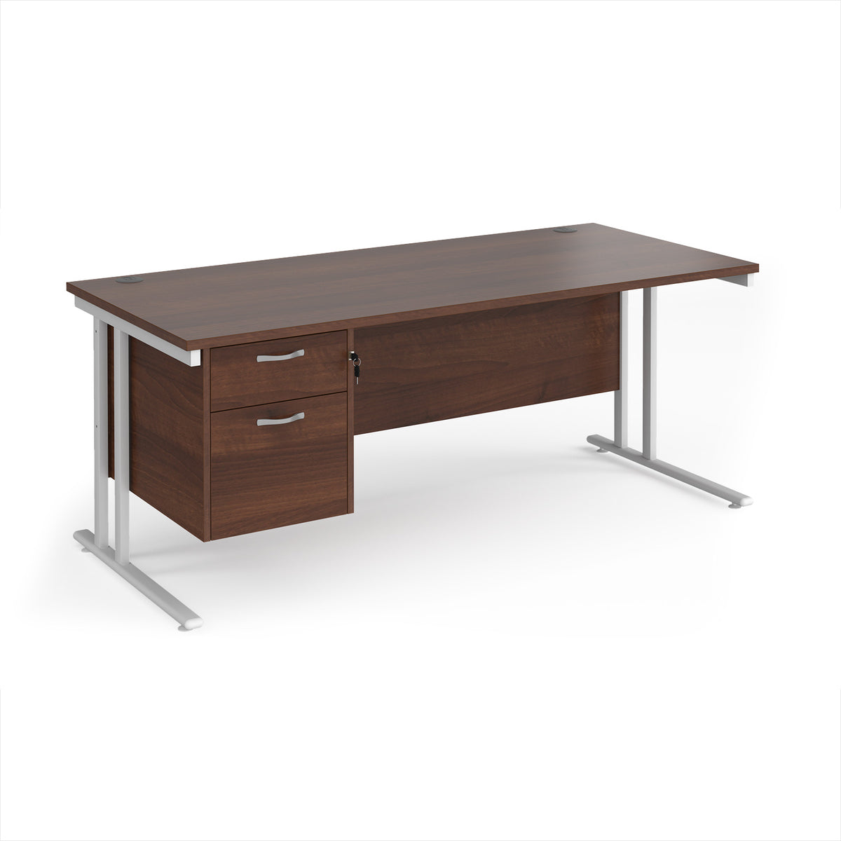 Maestro 25 straight desk 1800mm x 800mm with 2 drawer pedestal - white cantilever leg frame, Walnut top - view 1