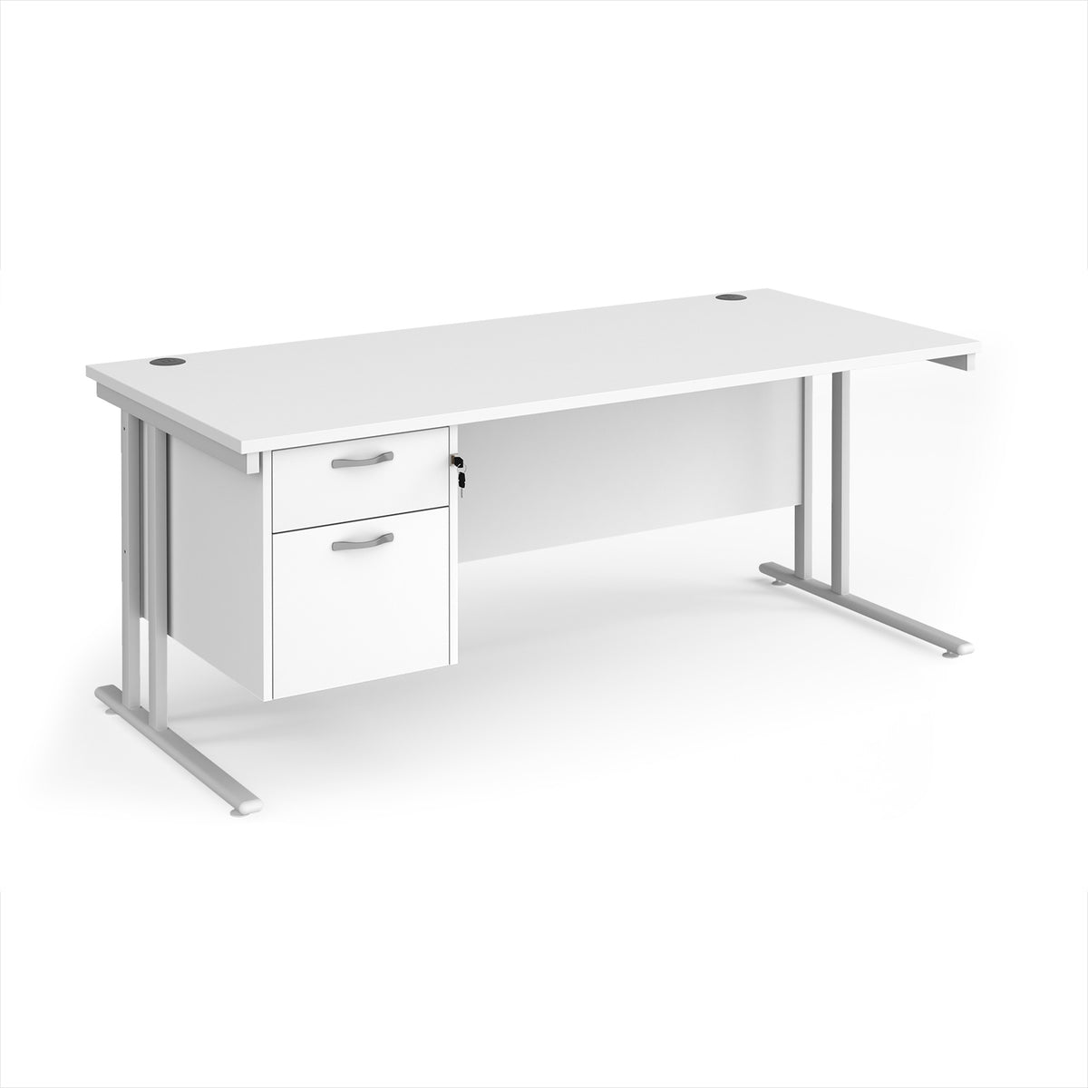 Maestro 25 straight desk 1800mm x 800mm with 2 drawer pedestal - white cantilever leg frame, White Top - view 1