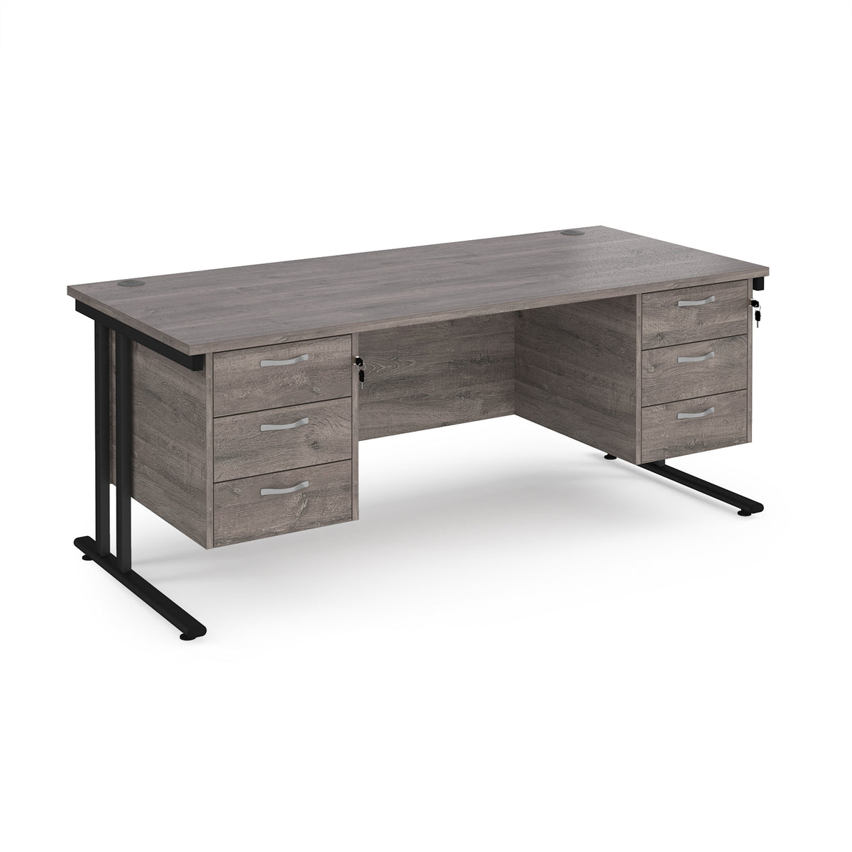 Maestro 25 straight desk 1800mm x 800mm with two x 3 drawer pedestals - black cantilever leg frame, Grey Oak Top - view 1