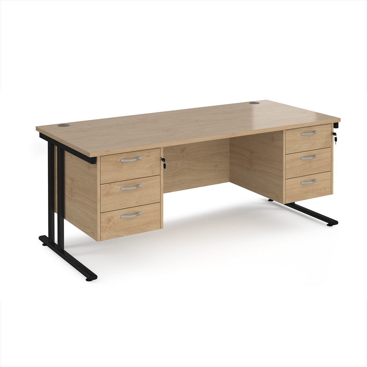 Maestro 25 straight desk 1800mm x 800mm with two x 3 drawer pedestals - black cantilever leg frame, Kendal Oak Top - view 1
