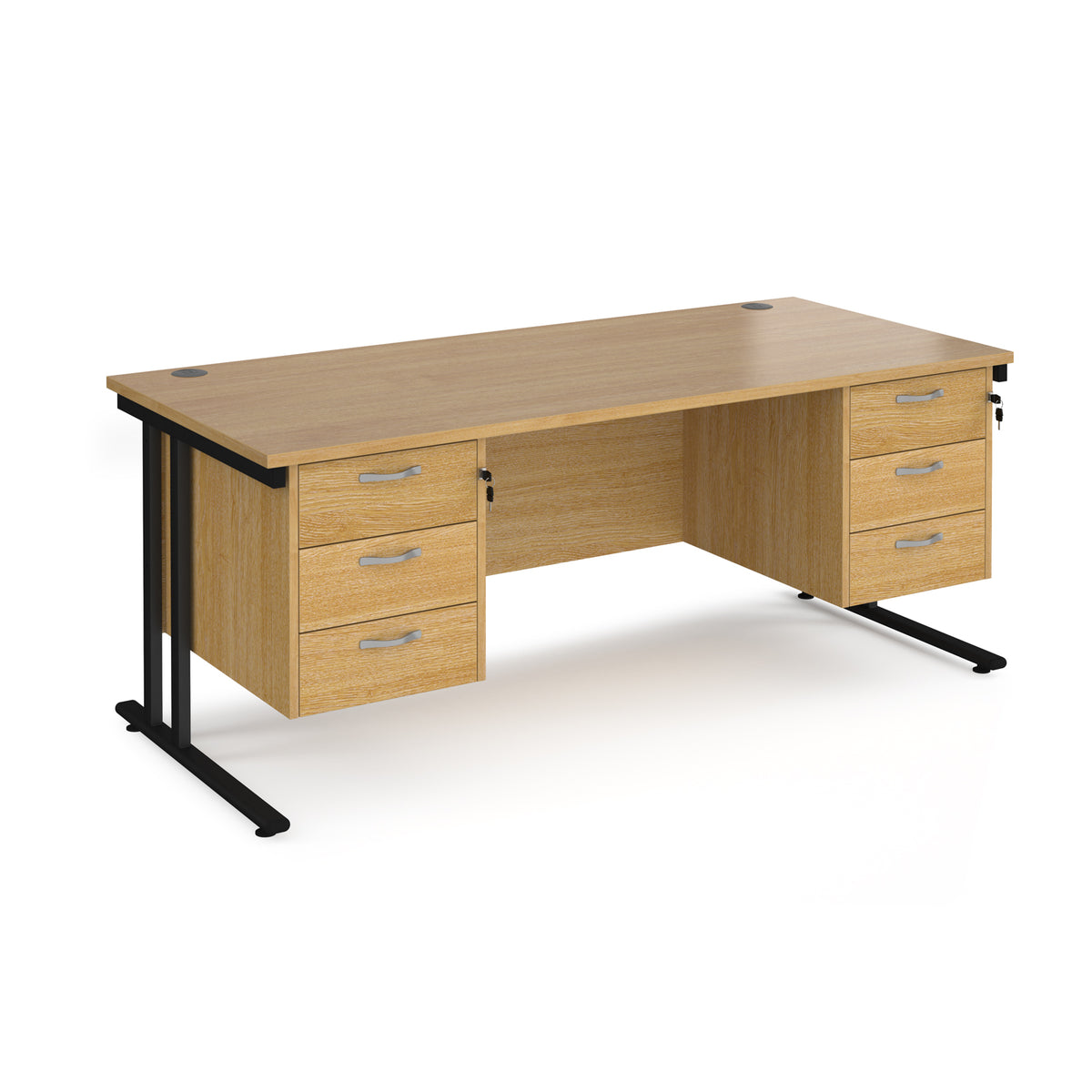 Maestro 25 straight desk 1800mm x 800mm with two x 3 drawer pedestals - black cantilever leg frame, Oak Top - view 1
