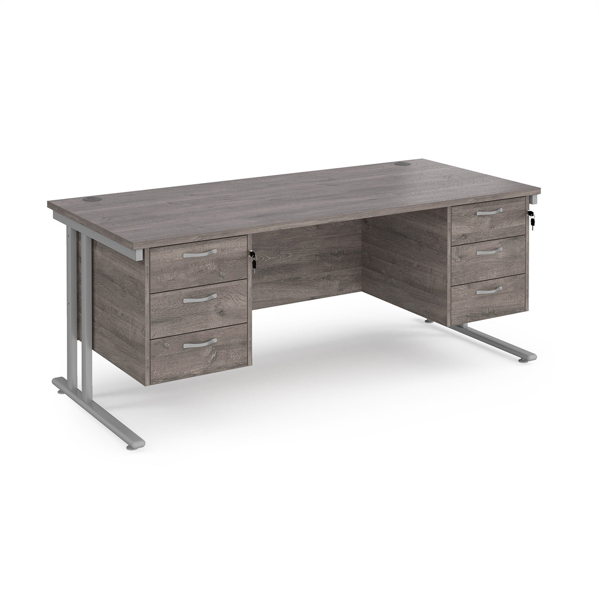 Maestro 25 straight desk 1800mm x 800mm with two x 3 drawer pedestals - silver cantilever leg frame, Grey Oak Top - view 1