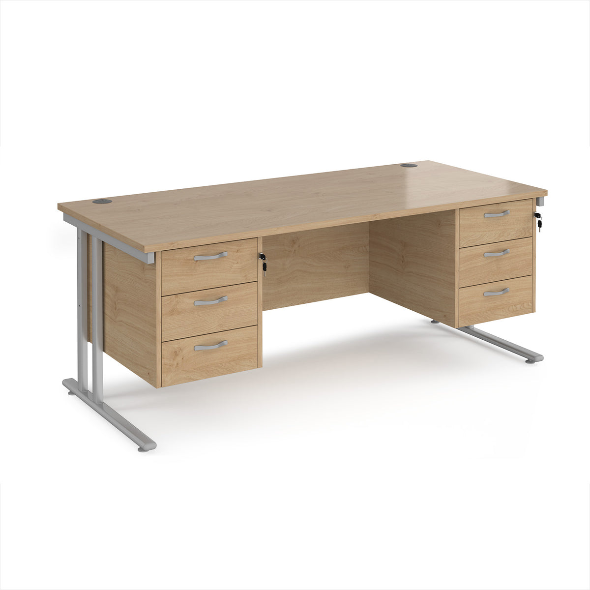 Maestro 25 straight desk 1800mm x 800mm with two x 3 drawer pedestals - silver cantilever leg frame, Kendal Oak Top - view 1
