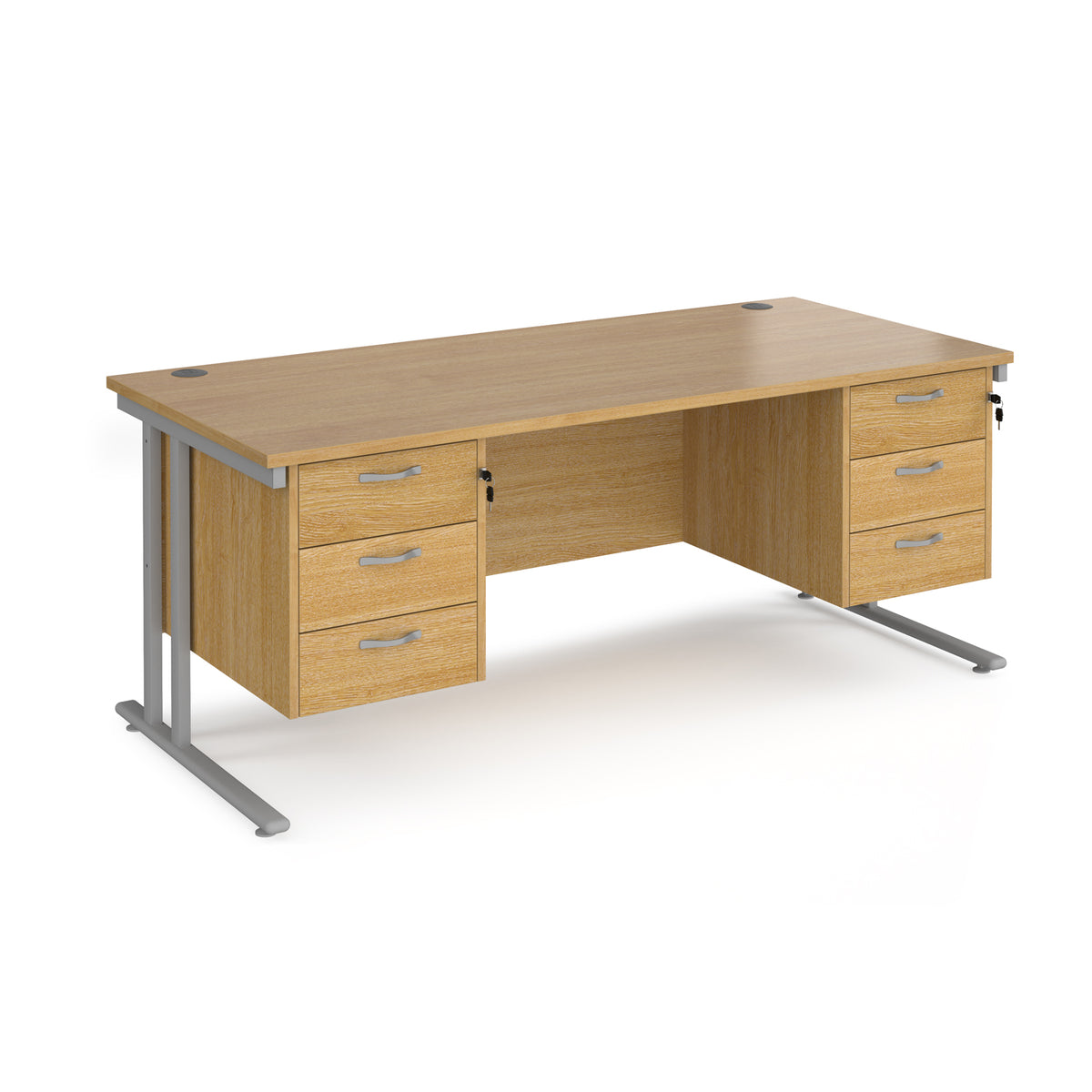 Maestro 25 straight desk 1800mm x 800mm with two x 3 drawer pedestals - silver cantilever leg frame, Oak Top - view 1