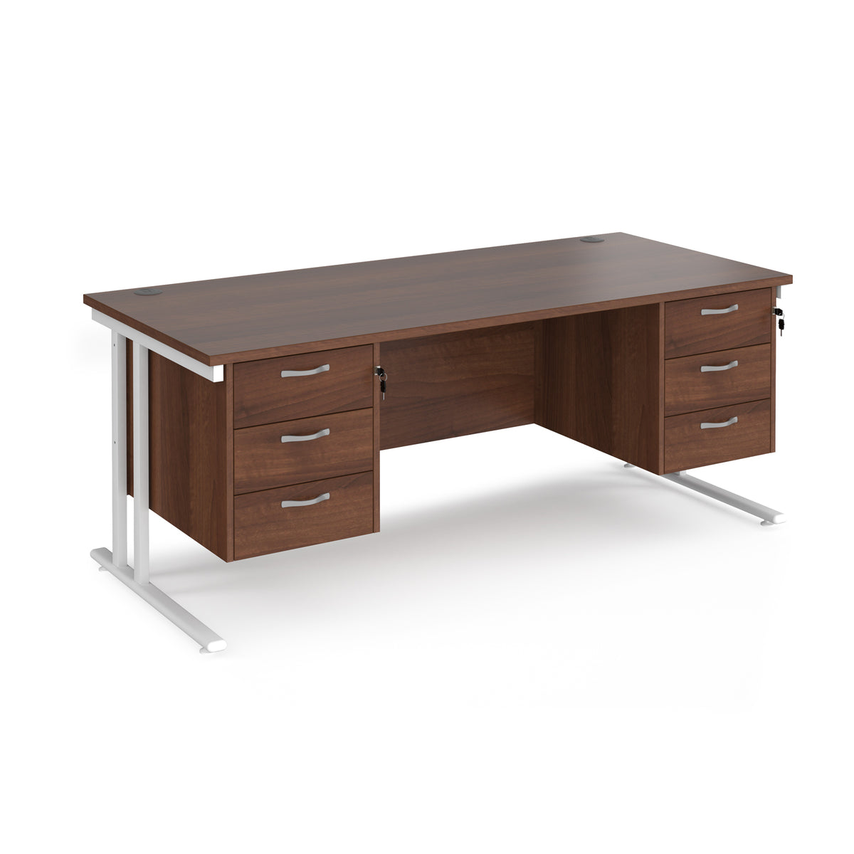 Maestro 25 straight desk 1800mm x 800mm with two x 3 drawer pedestals - white cantilever leg frame, Walnut top - view 1