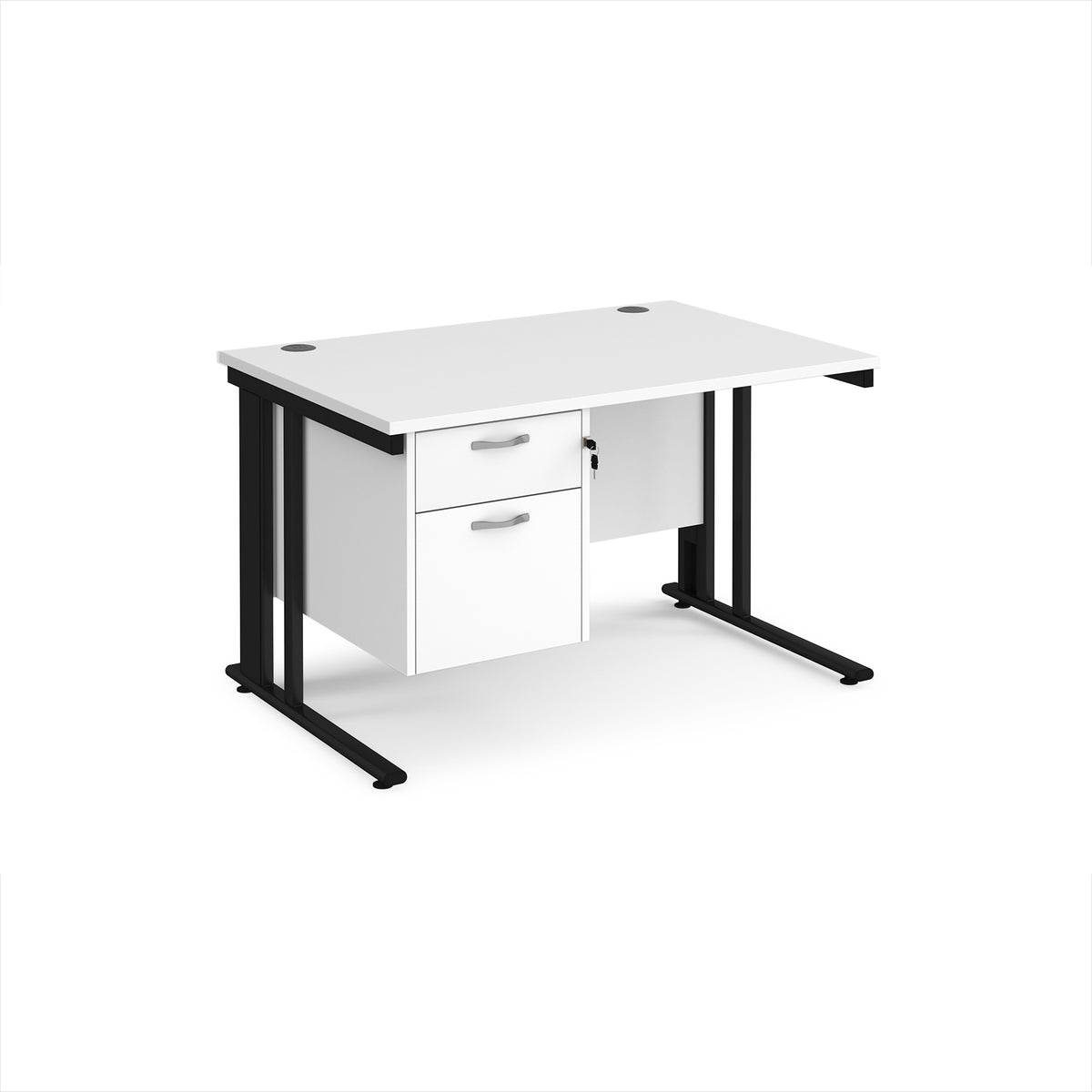 Maestro 25 straight desk 1200mm x 800mm with 2 drawer pedestal - black cable managed leg frame, White Top - view 1