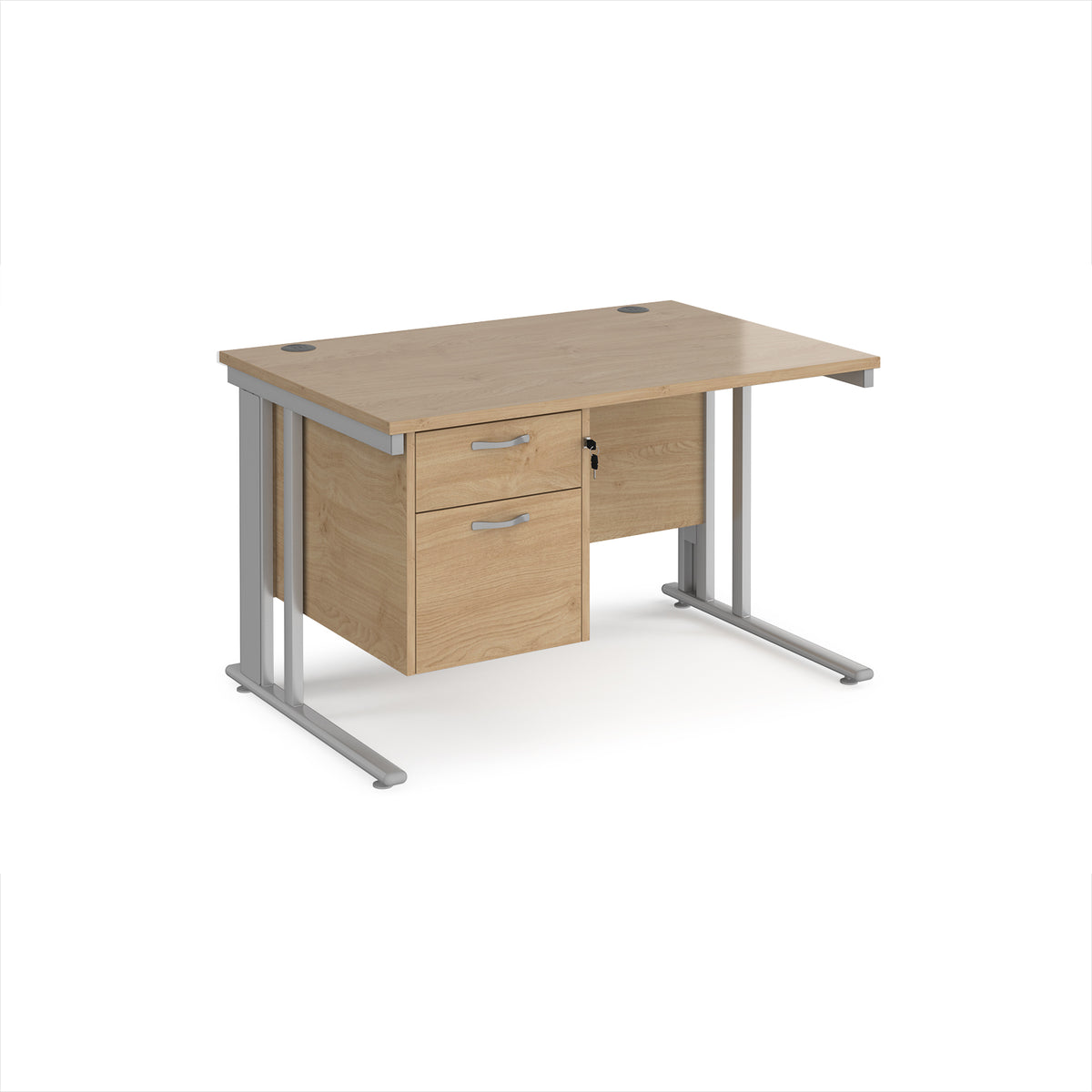 Maestro 25 straight desk 1200mm x 800mm with 2 drawer pedestal - silver cable managed leg frame, Kendal Oak Top - view 1
