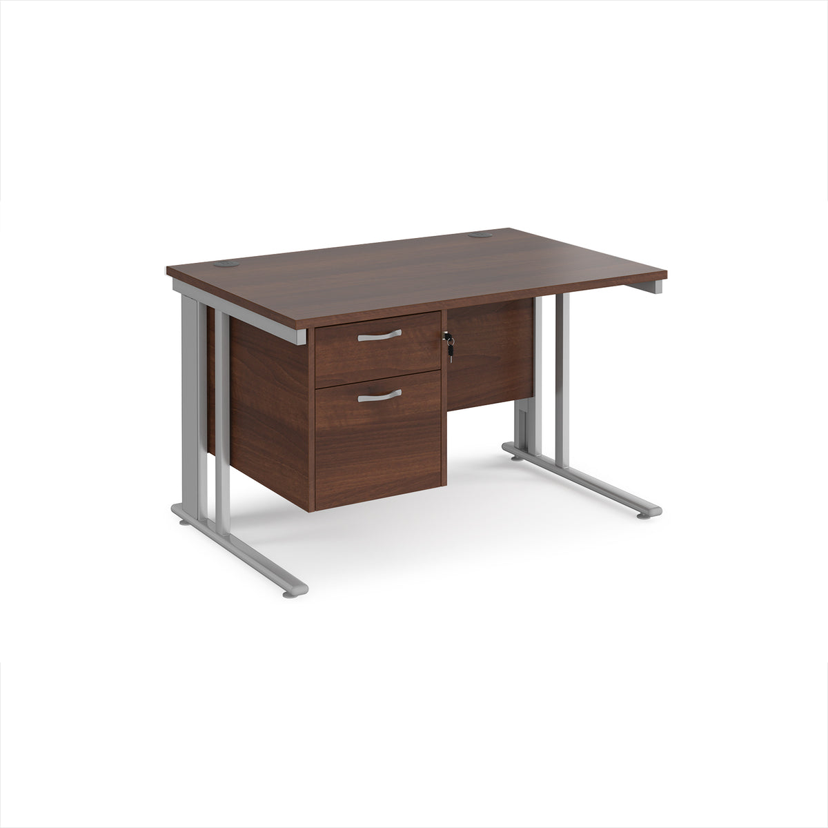 Maestro 25 straight desk 1200mm x 800mm with 2 drawer pedestal - silver cable managed leg frame, Walnut top - view 1