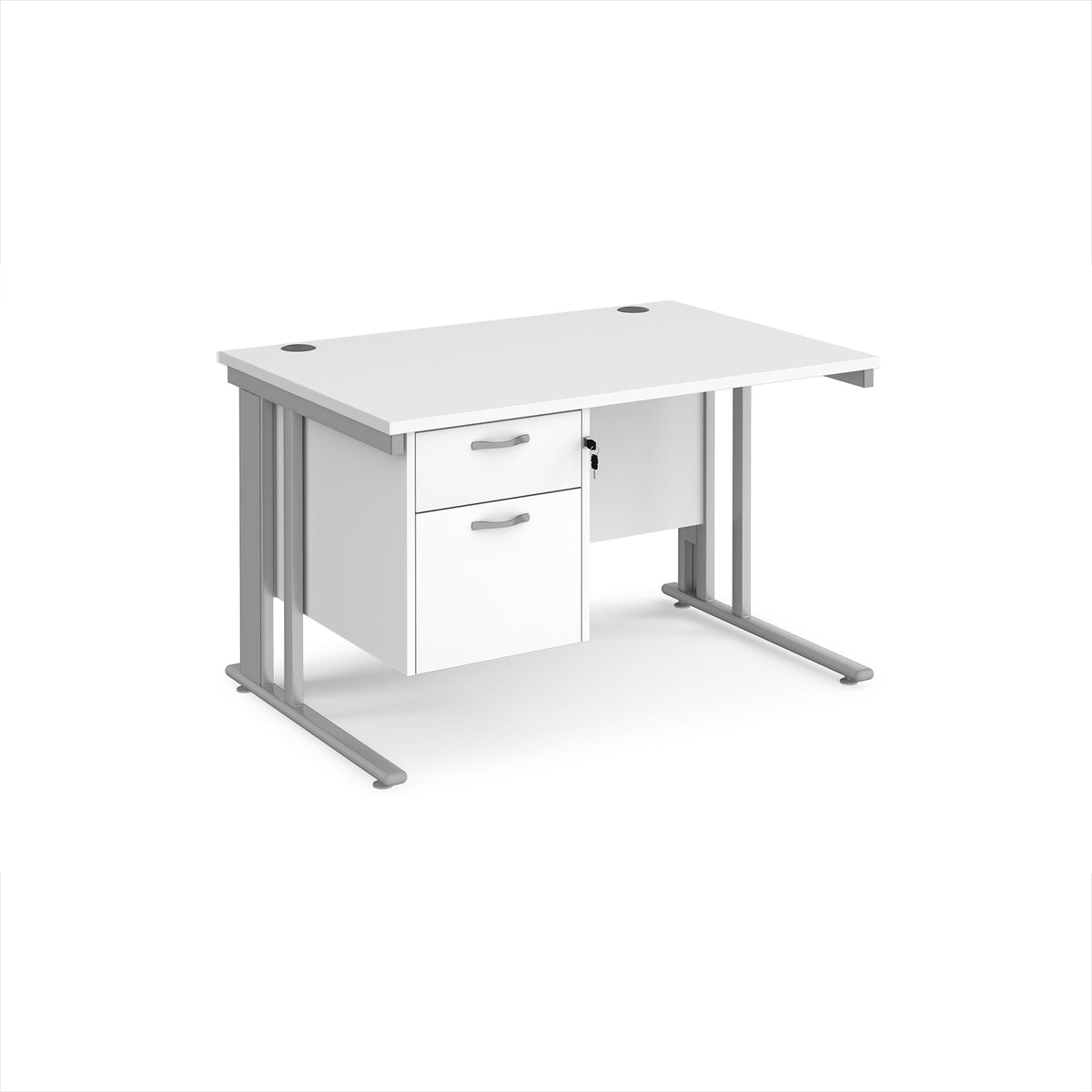 Maestro 25 straight desk 1200mm x 800mm with 2 drawer pedestal - silver cable managed leg frame, White Top - view 1