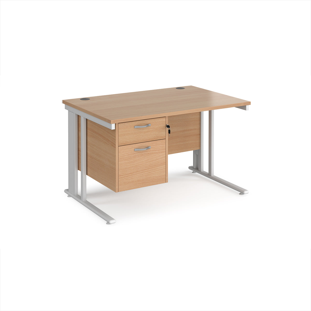 Maestro 25 straight desk 1200mm x 800mm with 2 drawer pedestal - white cable managed leg frame, Beech top - view 1