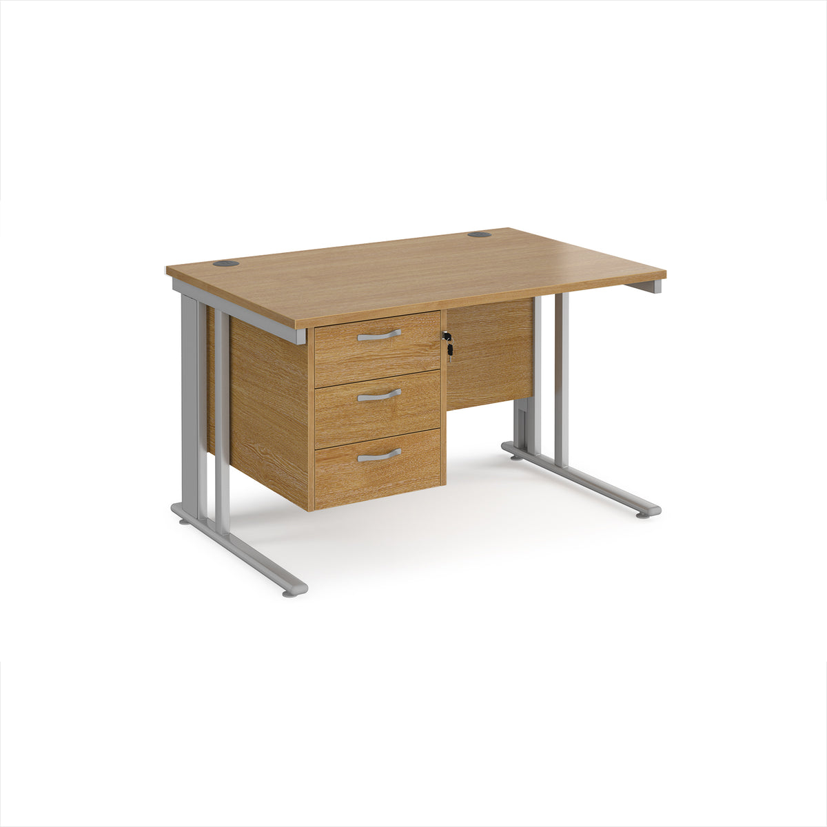 Maestro 25 straight desk 1200mm x 800mm with 3 drawer pedestal - silver cable managed leg frame, Oak Top - view 1