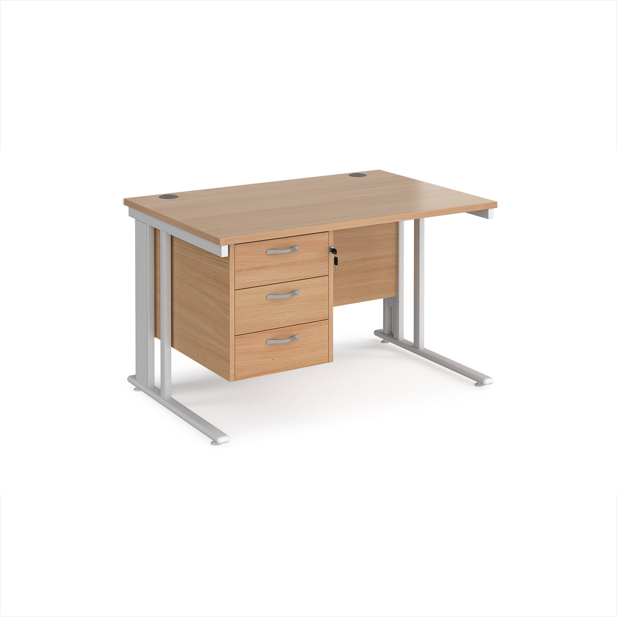 Maestro 25 straight desk 1200mm x 800mm with 3 drawer pedestal - white cable managed leg frame, Beech top - view 1