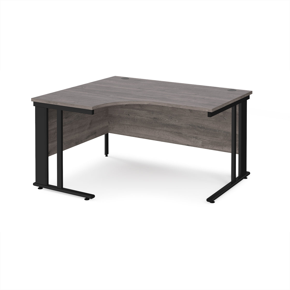 Maestro 25 left hand ergonomic desk 1400mm wide - black cable managed leg frame, Grey Oak Top - view 1
