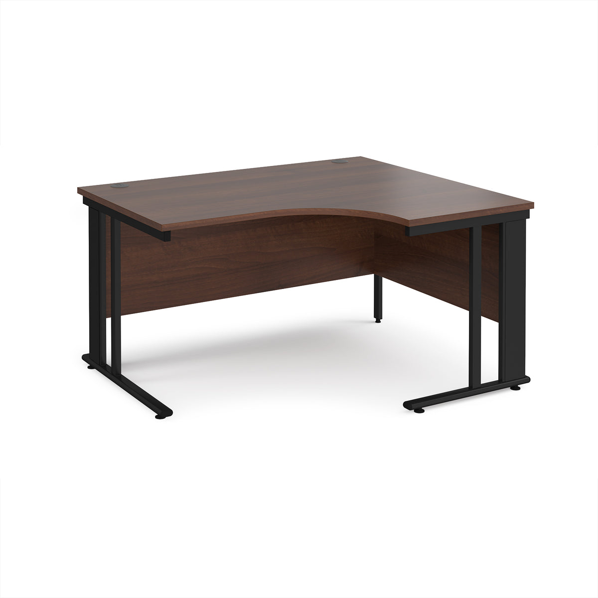 Maestro 25 right hand ergonomic desk 1400mm wide - black cable managed leg frame, Walnut top - view 1