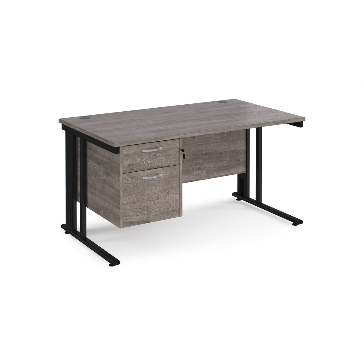 Maestro 25 straight desk 1400mm x 800mm with 2 drawer pedestal - black cable managed leg frame, Grey Oak Top - view 1