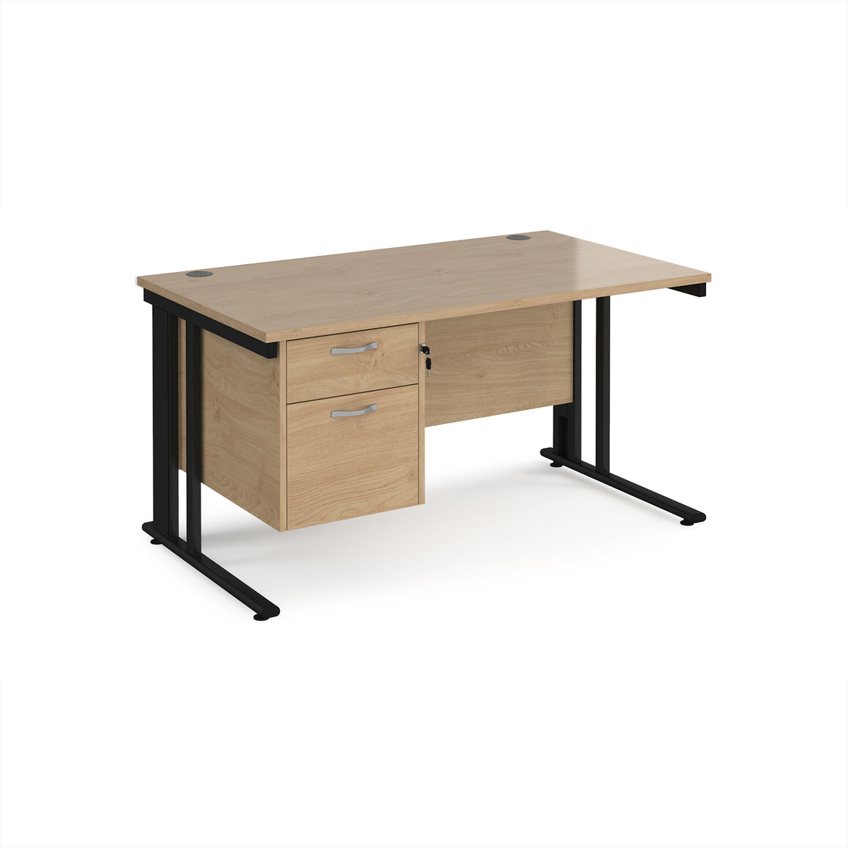 Maestro 25 straight desk 1400mm x 800mm with 2 drawer pedestal - black cable managed leg frame, Kendal Oak Top - view 1