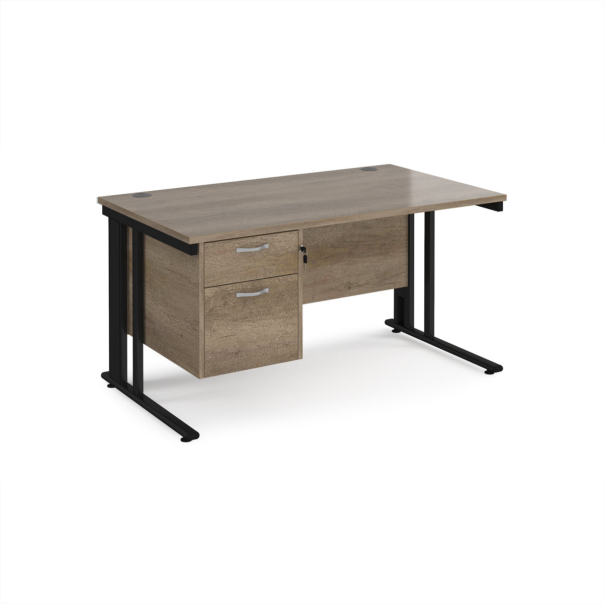 Maestro 25 straight desk 1400mm x 800mm with 2 drawer pedestal - black cable managed leg frame, Nebraska Oak Top - view 1