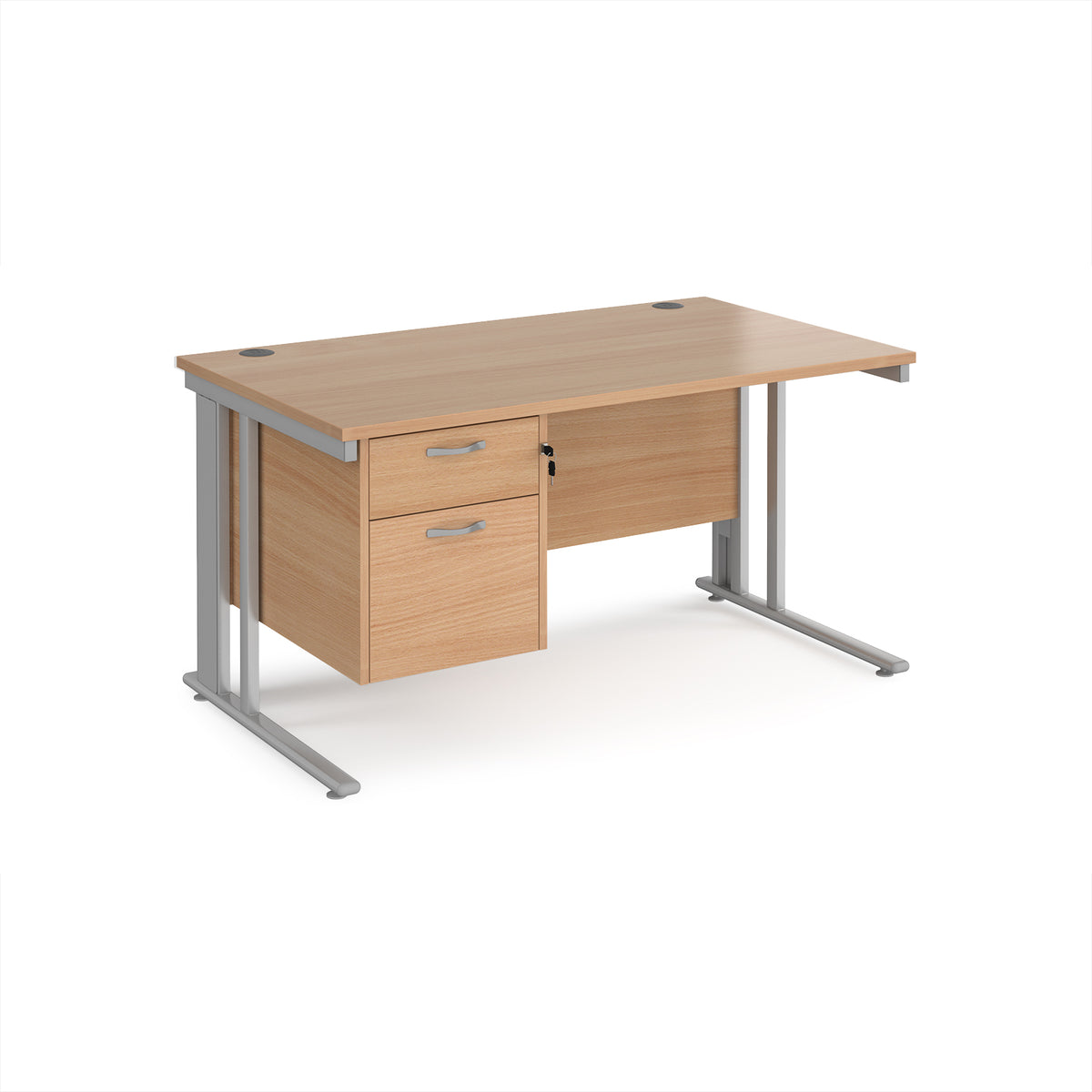Maestro 25 straight desk 1400mm x 800mm with 2 drawer pedestal - silver cable managed leg frame, Beech top - view 1