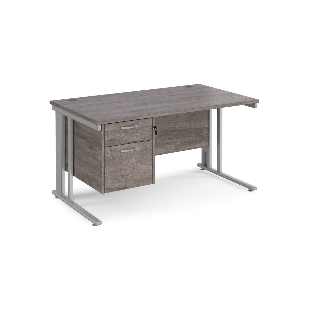 Maestro 25 straight desk 1400mm x 800mm with 2 drawer pedestal - silver cable managed leg frame, Grey Oak Top - view 1