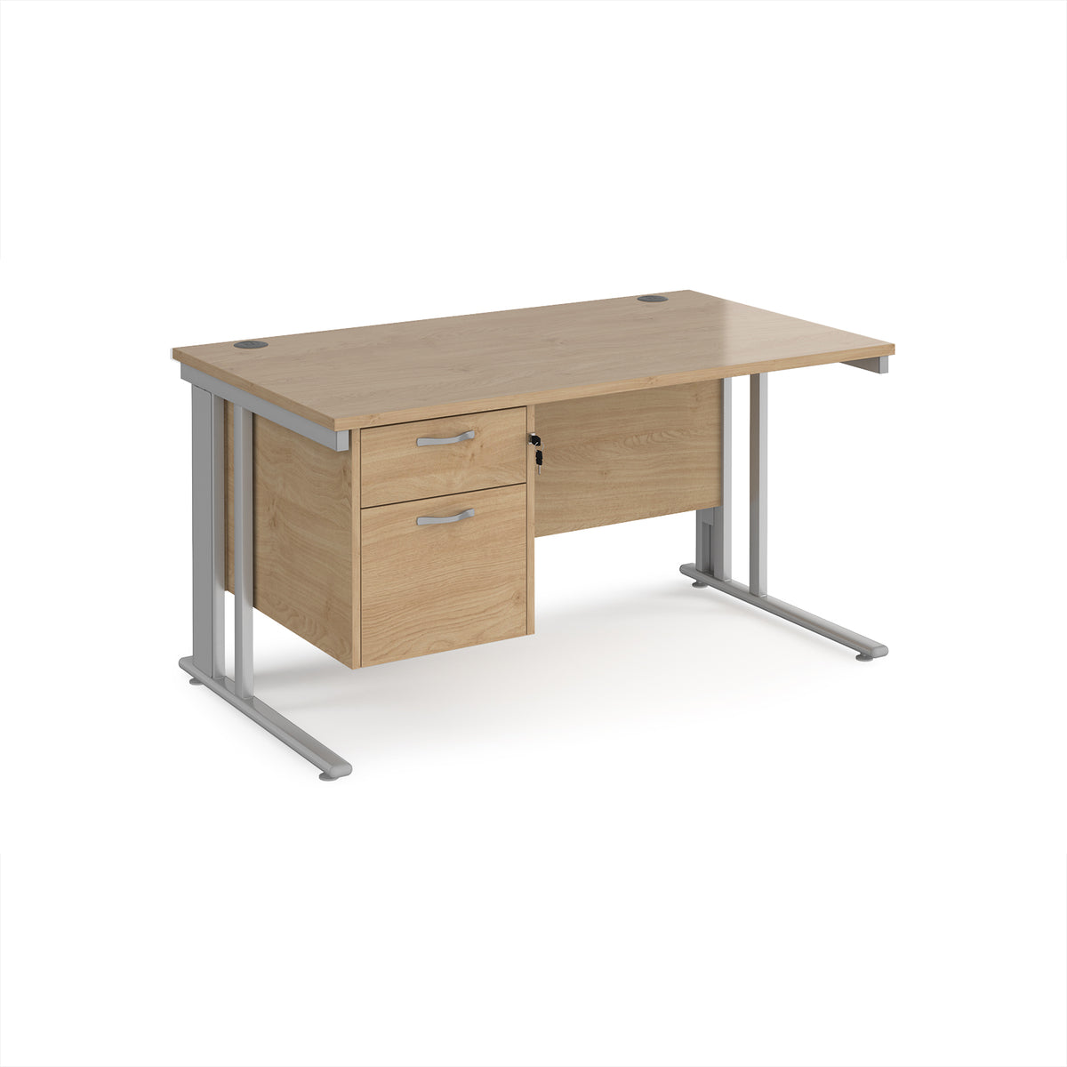 Maestro 25 straight desk 1400mm x 800mm with 2 drawer pedestal - silver cable managed leg frame, Kendal Oak Top - view 1
