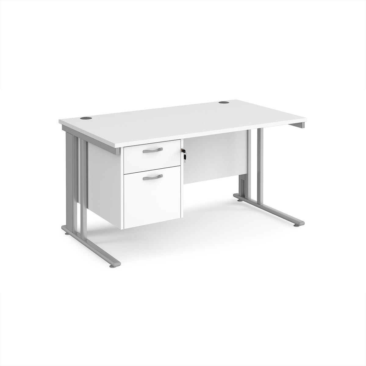 Maestro 25 straight desk 1400mm x 800mm with 2 drawer pedestal - silver cable managed leg frame, White Top - view 1