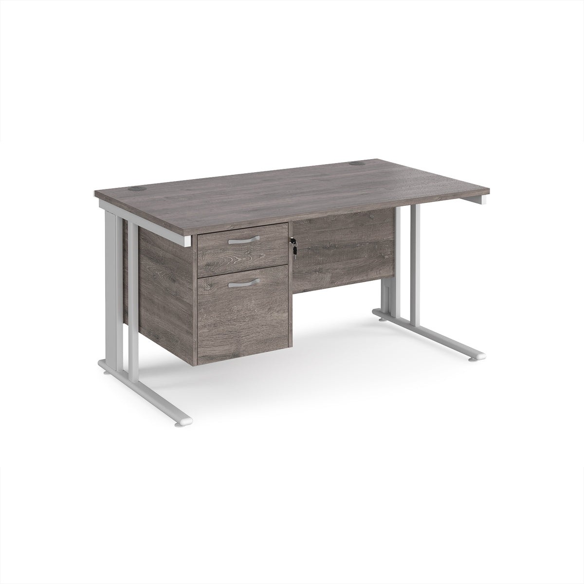 Maestro 25 straight desk 1400mm x 800mm with 2 drawer pedestal - white cable managed leg frame, Grey Oak Top - view 1