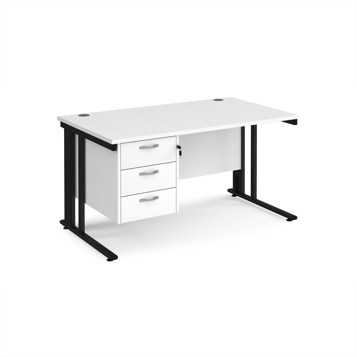 Maestro 25 straight desk 1400mm x 800mm with 3 drawer pedestal - black cable managed leg frame, White Top - view 1