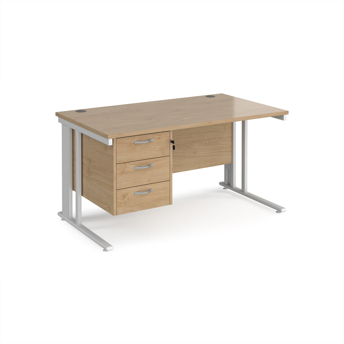 Maestro 25 straight desk 1400mm x 800mm with 3 drawer pedestal - white cable managed leg frame, Kendal Oak Top - view 1