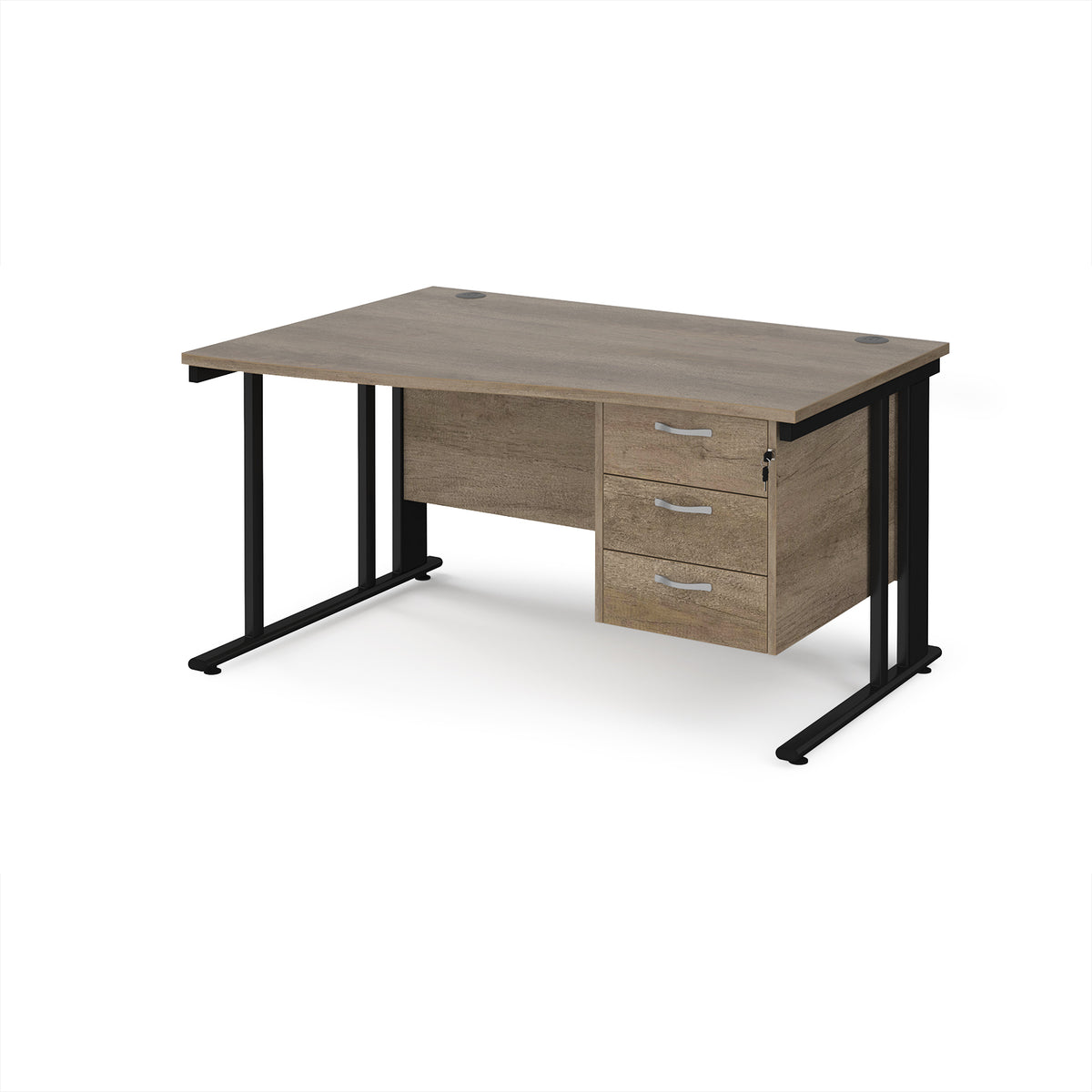Maestro 25 left hand wave desk 1400mm wide with 3 drawer pedestal - black cable managed leg frame, Nebraska Oak Top - view 1